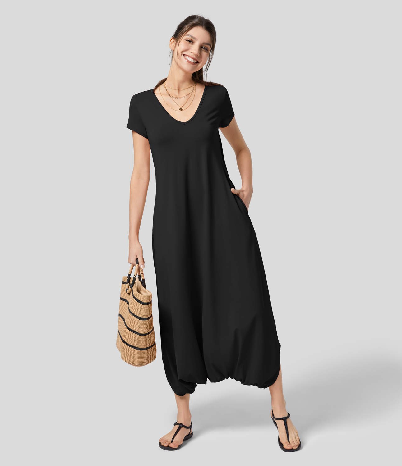 Halara V Neck Short Sleeve Crisscross Side Pocket Drop Crotch Resort Jumpsuit Workout Dress - Black
Halara V Neck Short Sleeve Crisscross Side Pocket Drop Crotch Resort Jumpsuit Workout Dress - Black