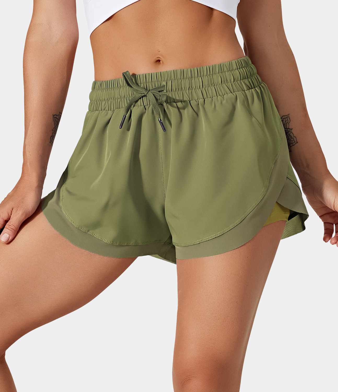 

Halara Drawstring Contrast Flowy Mesh 2-in-1 Shorts Gym Short - Iguana -  booty shorts compression shorts yoga shorts