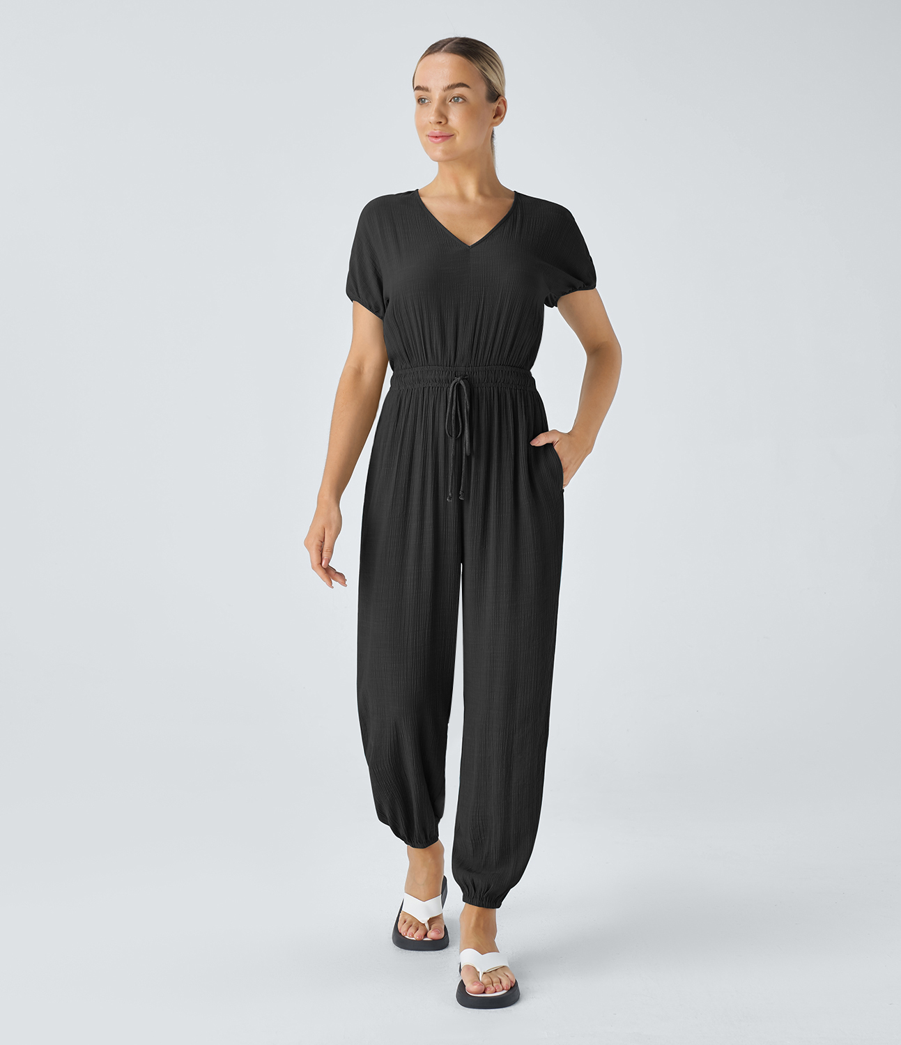 Halara V Neck Keyhole Back Short Sleeve Drawstring Side Pocket Plicated Casual Jogger Jumpsuit - Black
Halara V Neck Keyhole Back Short Sleeve Drawstring Side Pocket Plicated Casual Jogger Jumpsuit - Black