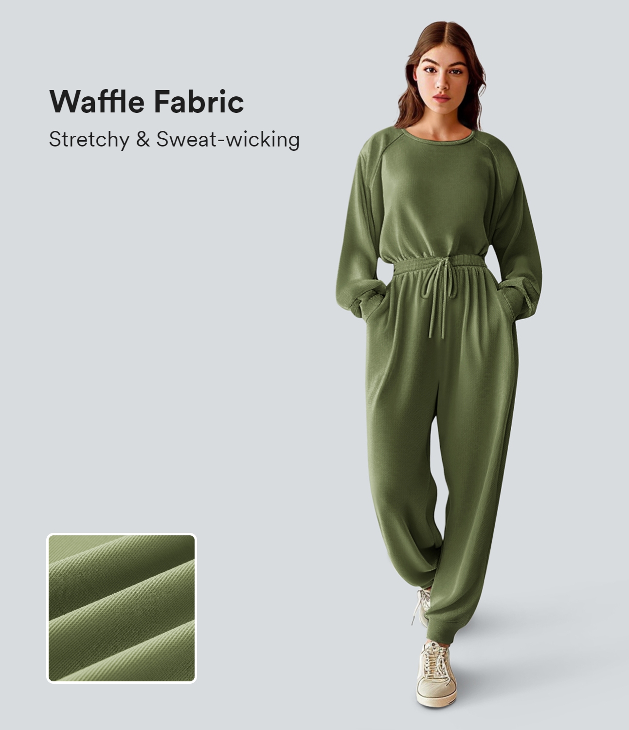 Halara Round Neck Long Sleeve Drawstring Side Pocket Waffle Casual Jumpsuit - Calliste Green
Halara Round Neck Long Sleeve Drawstring Side Pocket Waffle Casual Jumpsuit - Calliste Green