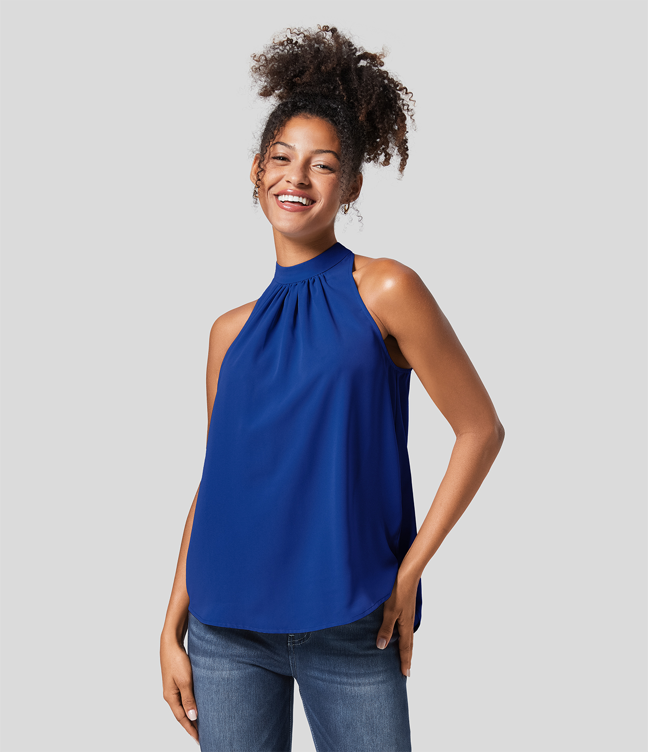 

Halara Keyhole Back Halter Plicated Sleeveless Curved Hem Work Blouse - Surf the Web