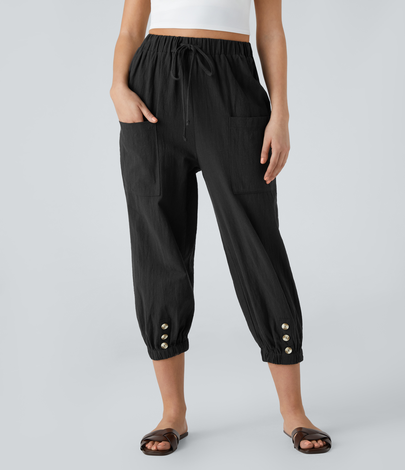 Halara High Waisted Drawstring Front Pocket Decorative Button Casual Linen-Feel Carrot Pants - Black - sweatpants jogger pants
Halara High Waisted Drawstring Front Pocket Decorative Button Casual Linen-Feel Carrot Pants - Black - sweatpants jogger pants