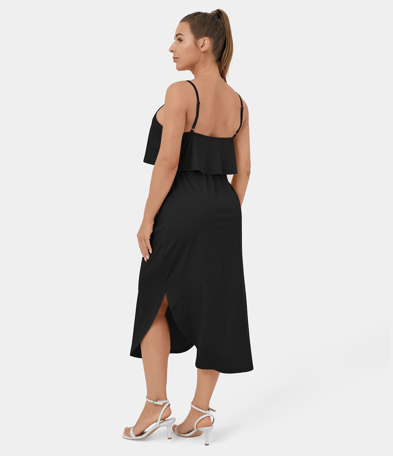 

Halara Backless Sleeveless Split Curved Hem Midi Casual Slip Dress Casual Dress - Black -  slip dress beach dress ruched dress halter dress