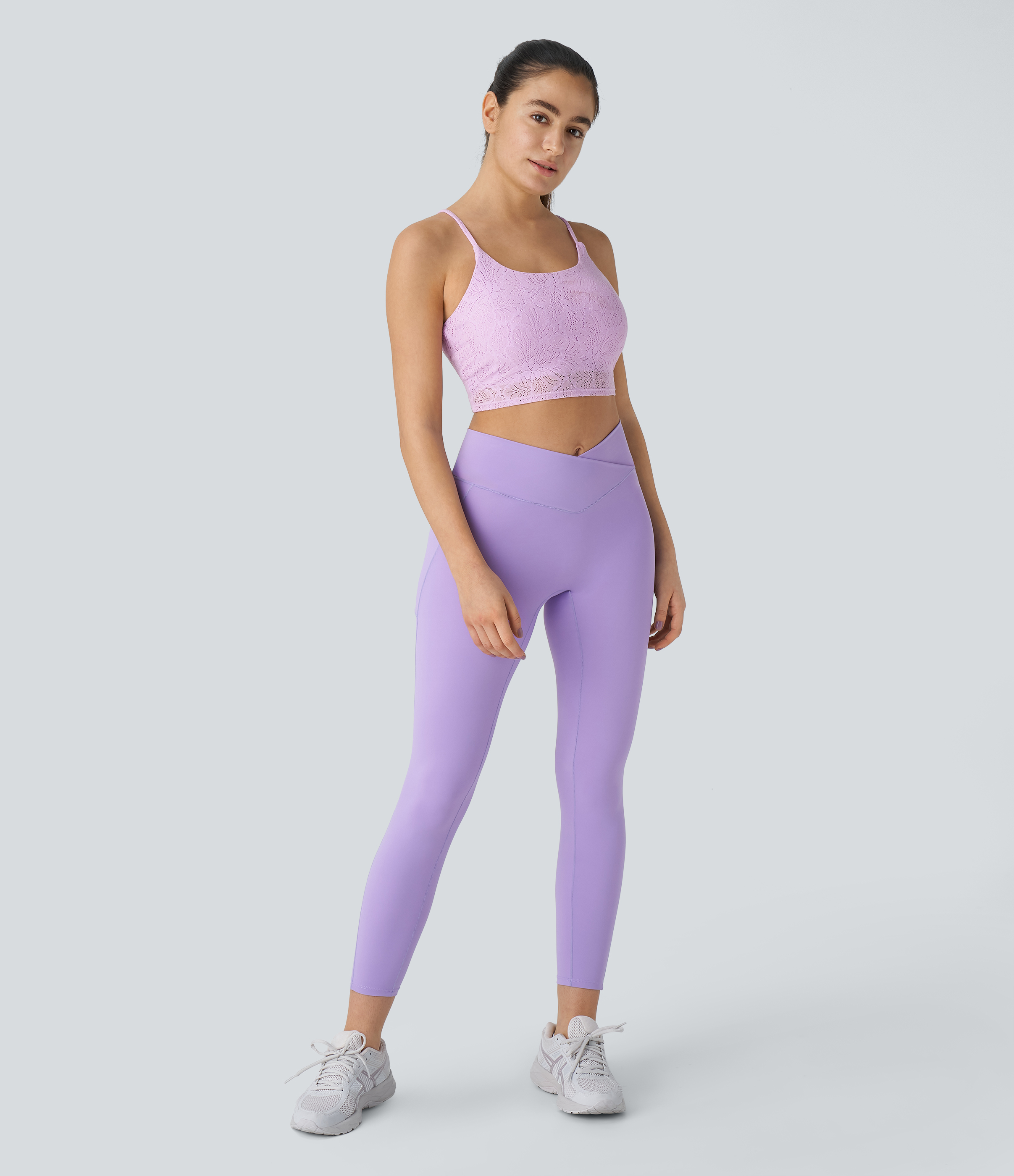 Halara Low Support Lace Overlay Cropped Yoga Sports Bra  - Hazy Purple - L push up bra strapless bra backless bra sticky bra wireless bra 