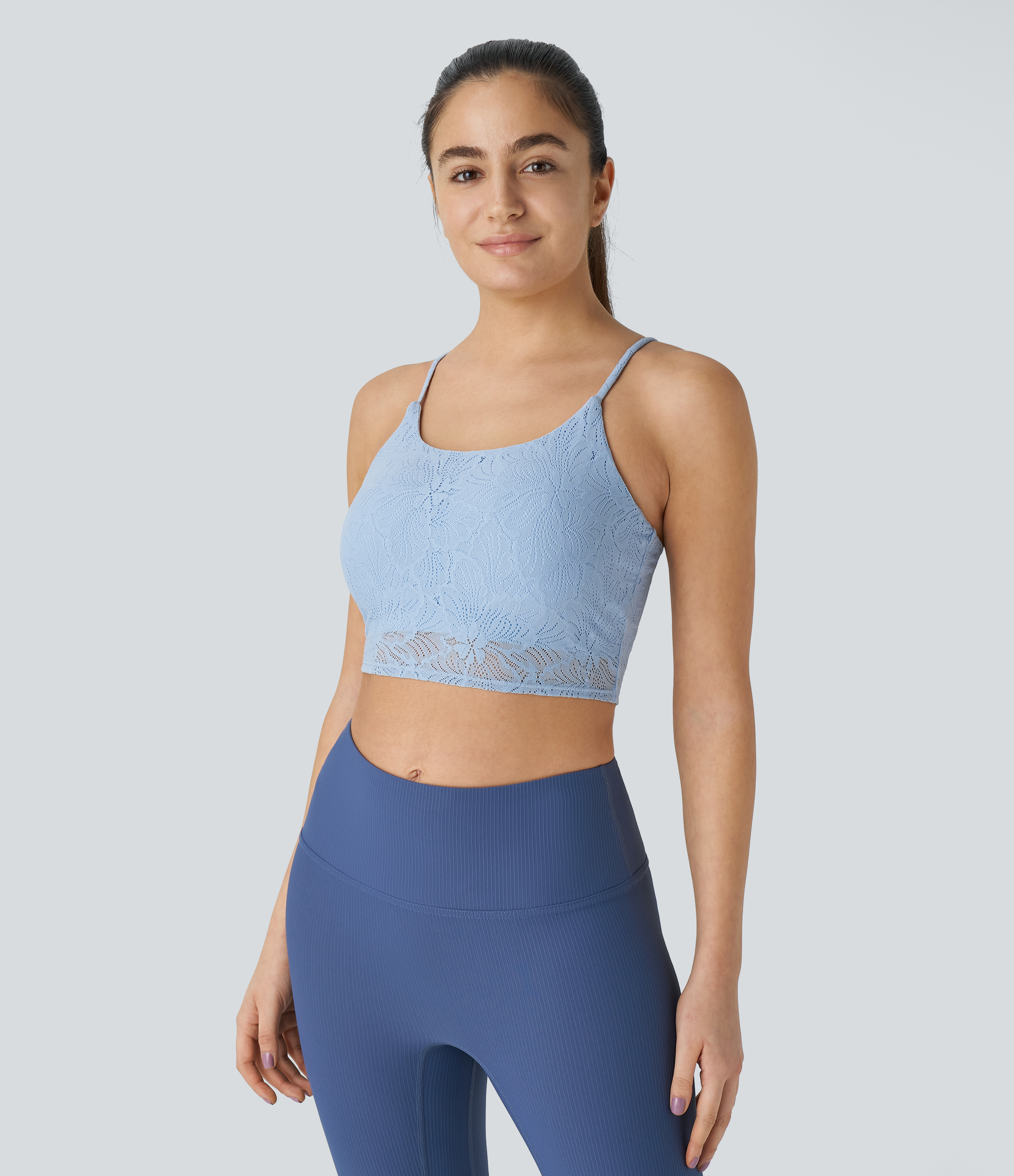 Halara Low Support Lace Overlay Cropped Yoga Sports Bra - Pale Milky Blue - L
