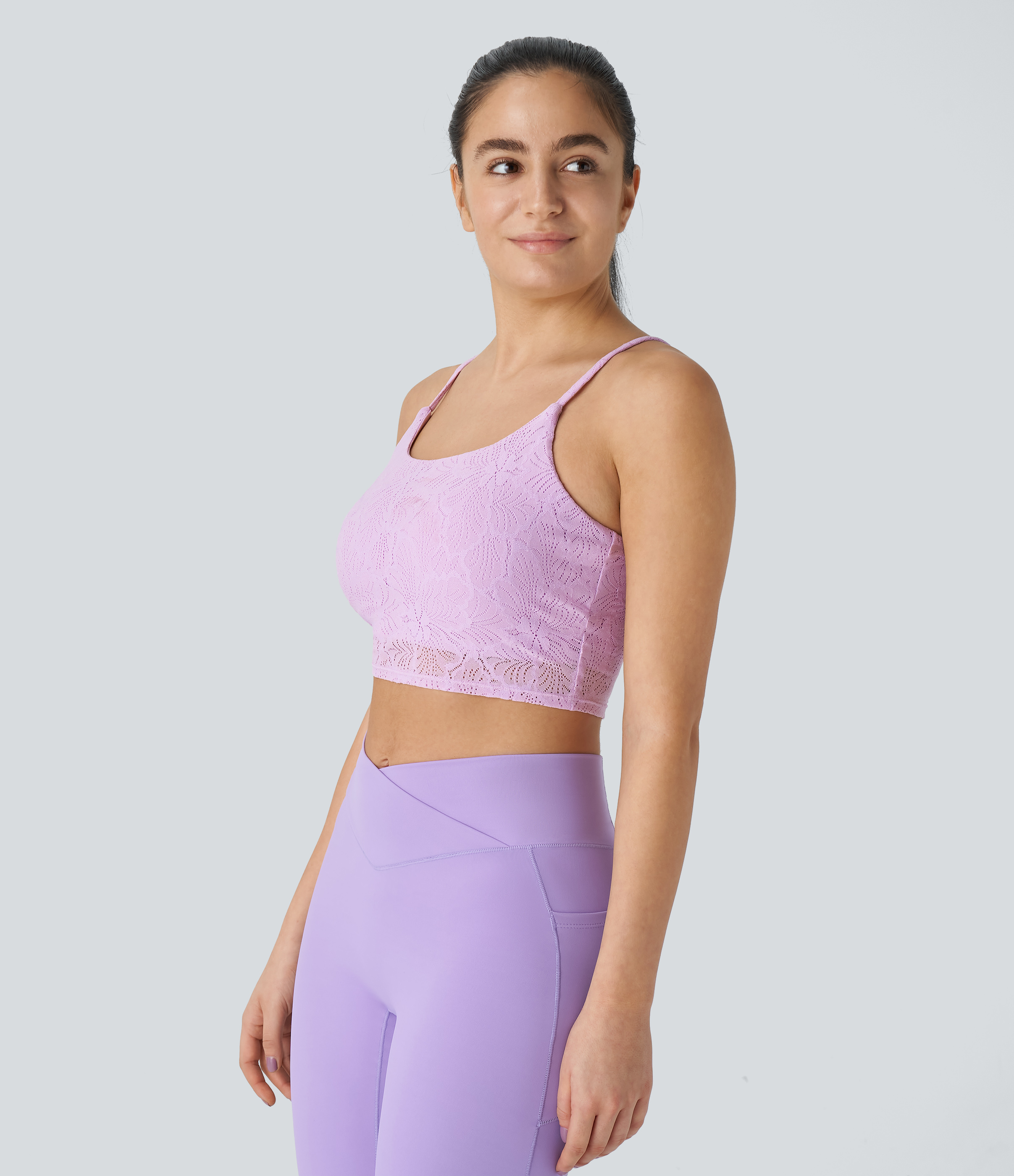 Halara Low Support Lace Overlay Cropped Yoga Sports Bra  - Hazy Purple - L push up bra strapless bra backless bra sticky bra wireless bra 