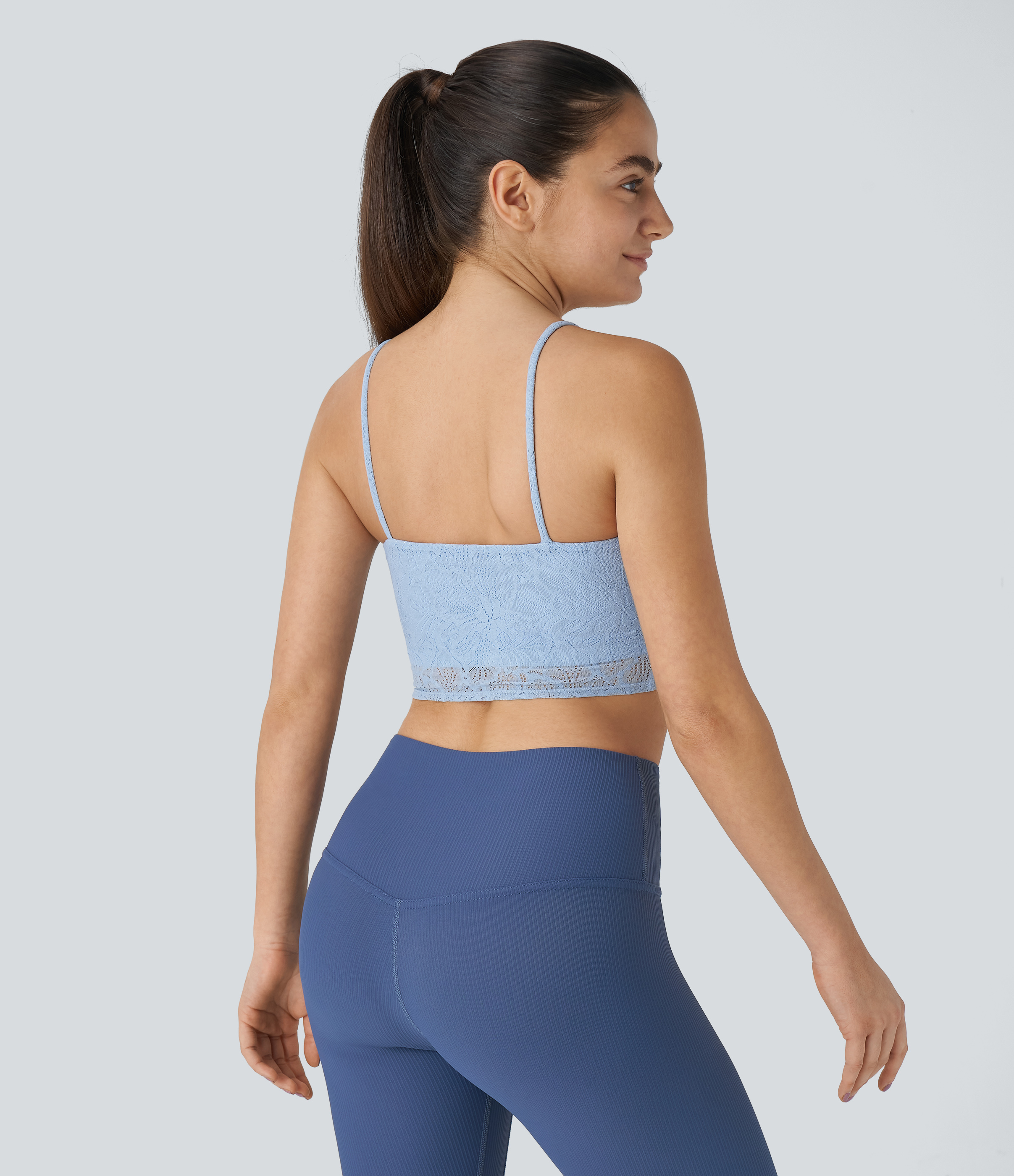 Halara Low Support Lace Overlay Cropped Yoga Sports Bra  - Pale Milky Blue - XL push up bra strapless bra backless bra sticky bra 