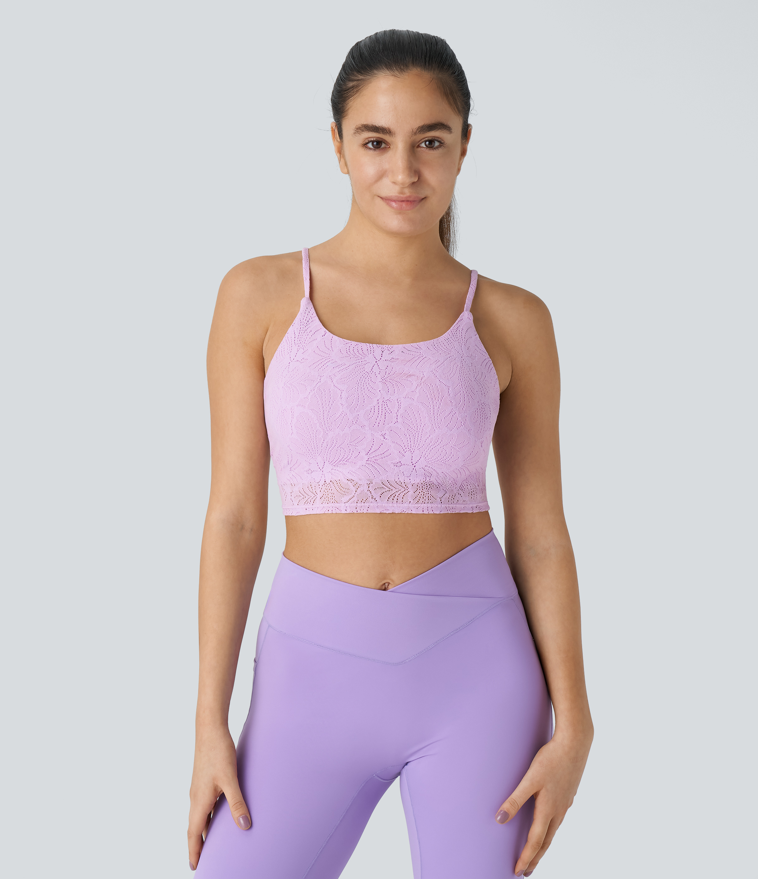 Halara Low Support Lace Overlay Cropped Yoga Sports Bra  - Hazy Purple - L push up bra strapless bra backless bra sticky bra wireless bra 