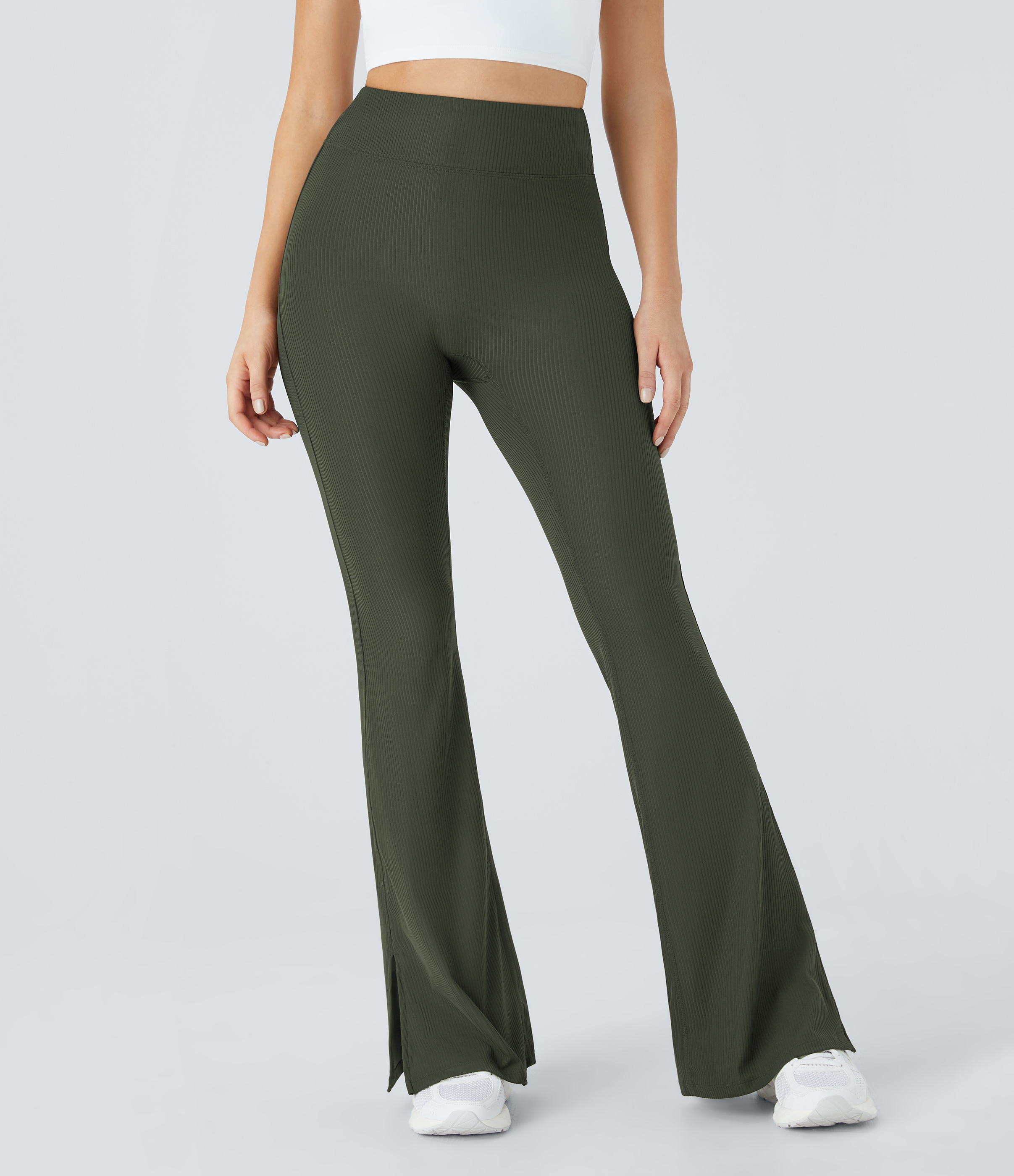 Halara Ribbed High Waisted Split Flared Yoga Full Length Leggings  - Deep Depths - XS gym leggings leggings with pockets 
