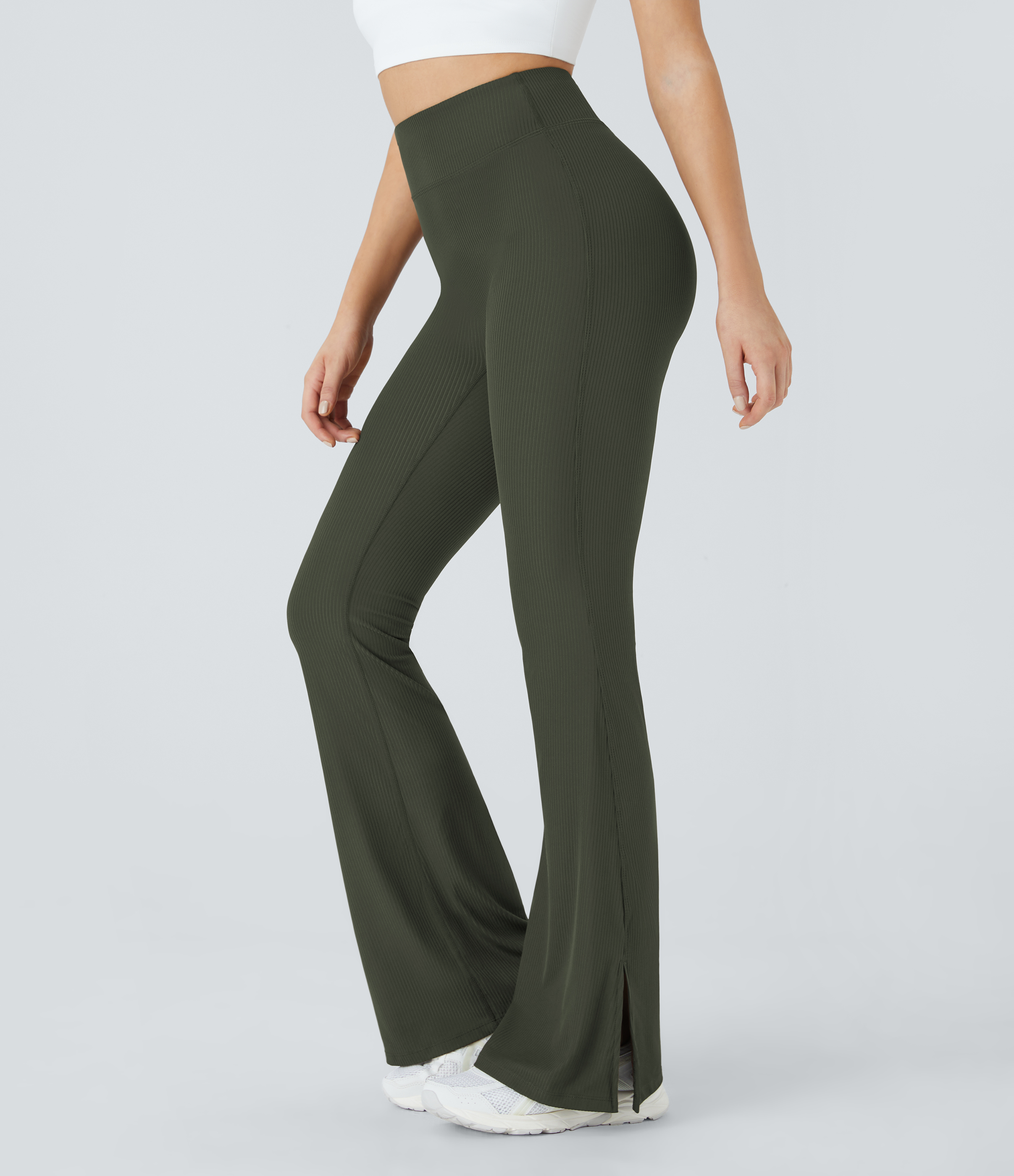 Halara Ribbed High Waisted Split Flared Yoga Full Length Leggings  - Deep Depths - XS gym leggings leggings with pockets 