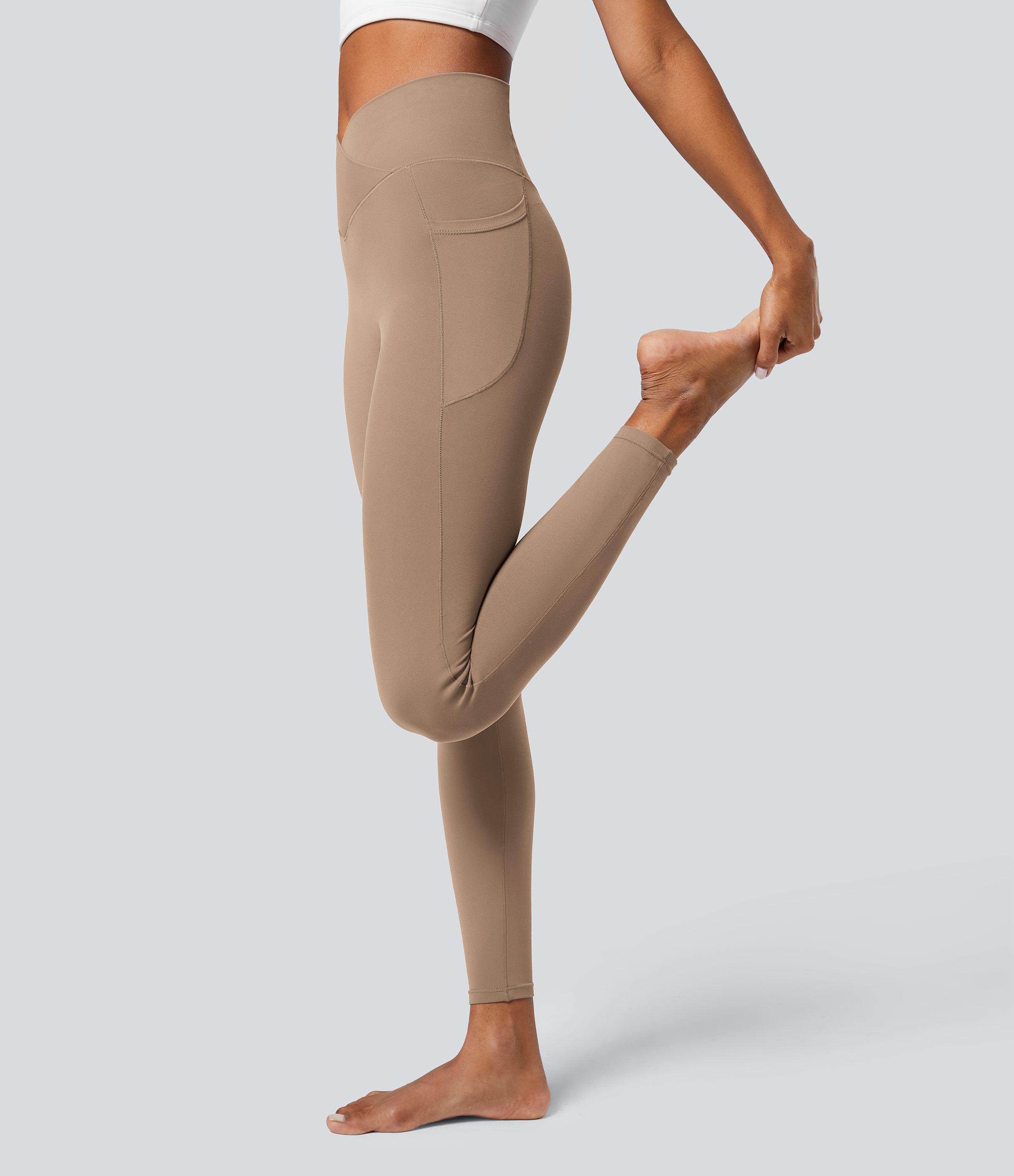 Halara Softlyzeroв„ў Crossover Pocket Plain Leggings-UPF50+  - Burro - L(7/8) gym leggings leggings with pockets leggings with butt lift 