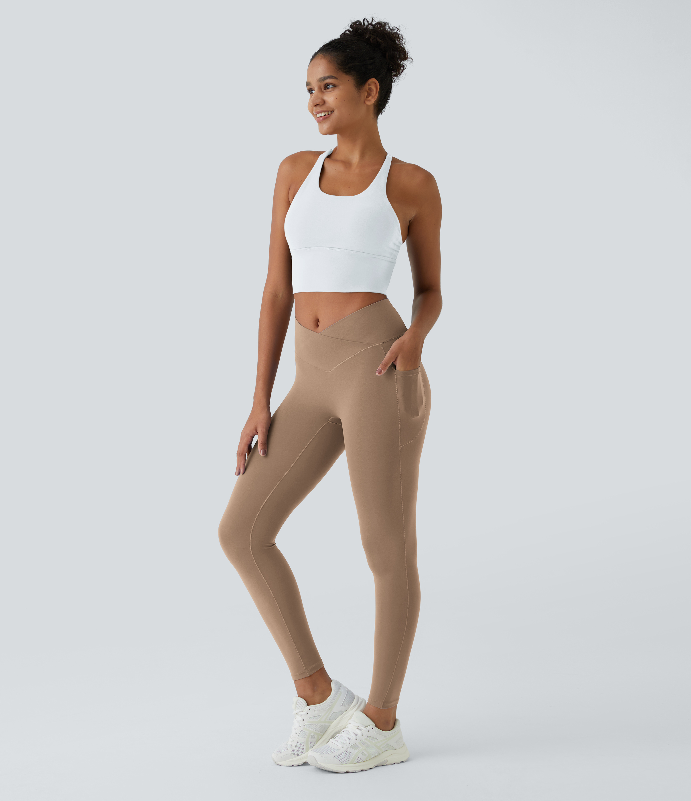 Halara Softlyzeroв„ў Crossover Pocket Plain Leggings-UPF50+  - Burro - L(7/8) gym leggings leggings with pockets leggings with butt lift 