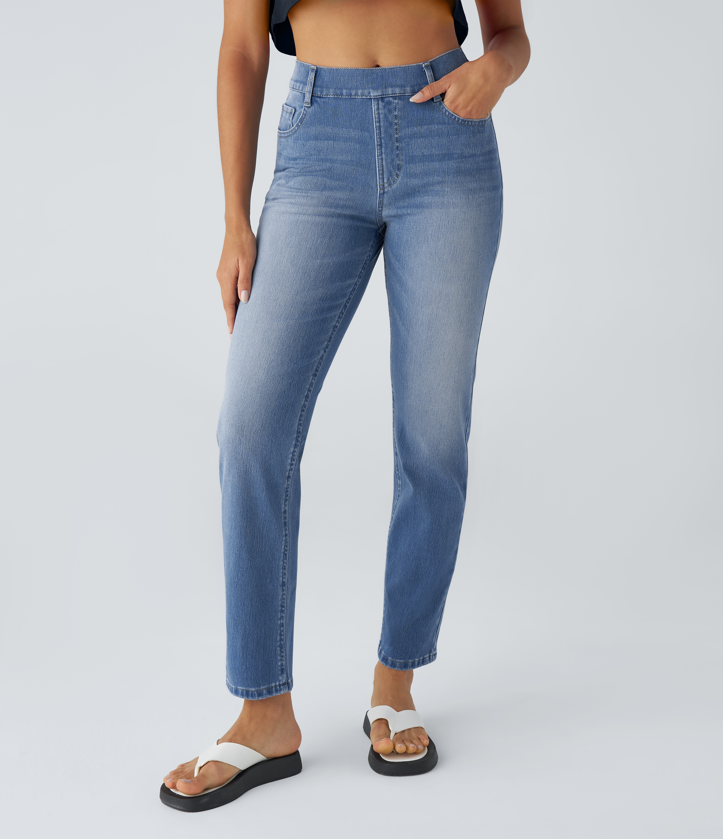 Halara Flex™ High Waisted Pockets Straight Leg Washed Casual Jeans — Sea Blue Denim by Halara