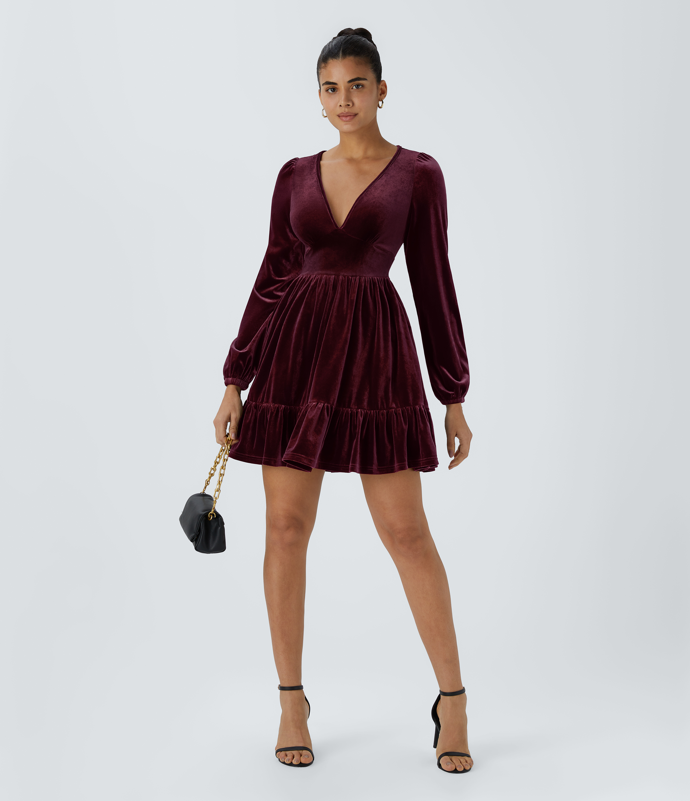 Halara Everyday Deep V Neck Ruffled Hem Velvet Mini Chill Party Dress Casual Dress - Dusky purple - L slip dress beach dress ruched dress 