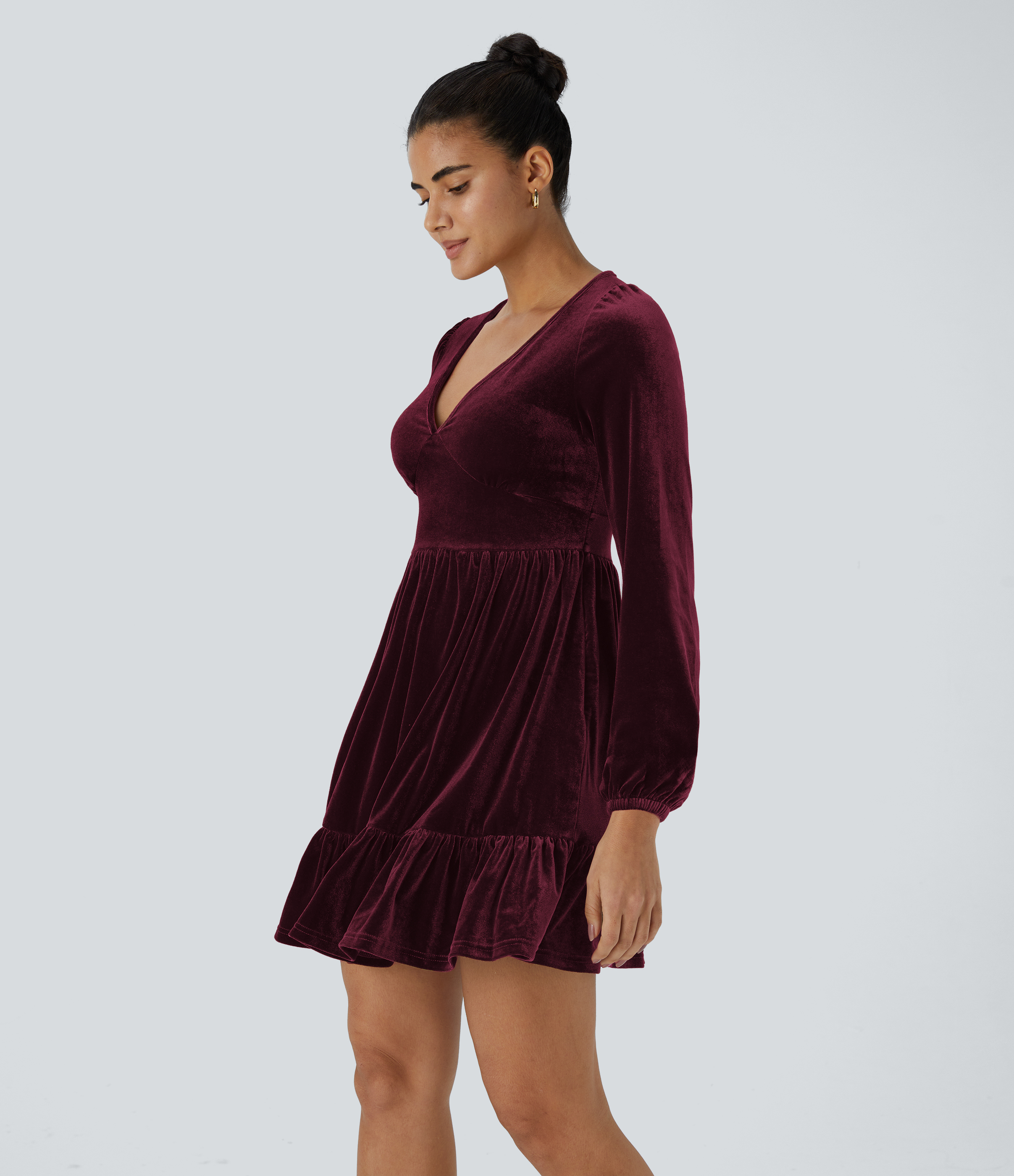 Halara Everyday Deep V Neck Ruffled Hem Velvet Mini Chill Party Dress Casual Dress - Dusky purple - L slip dress beach dress ruched dress 