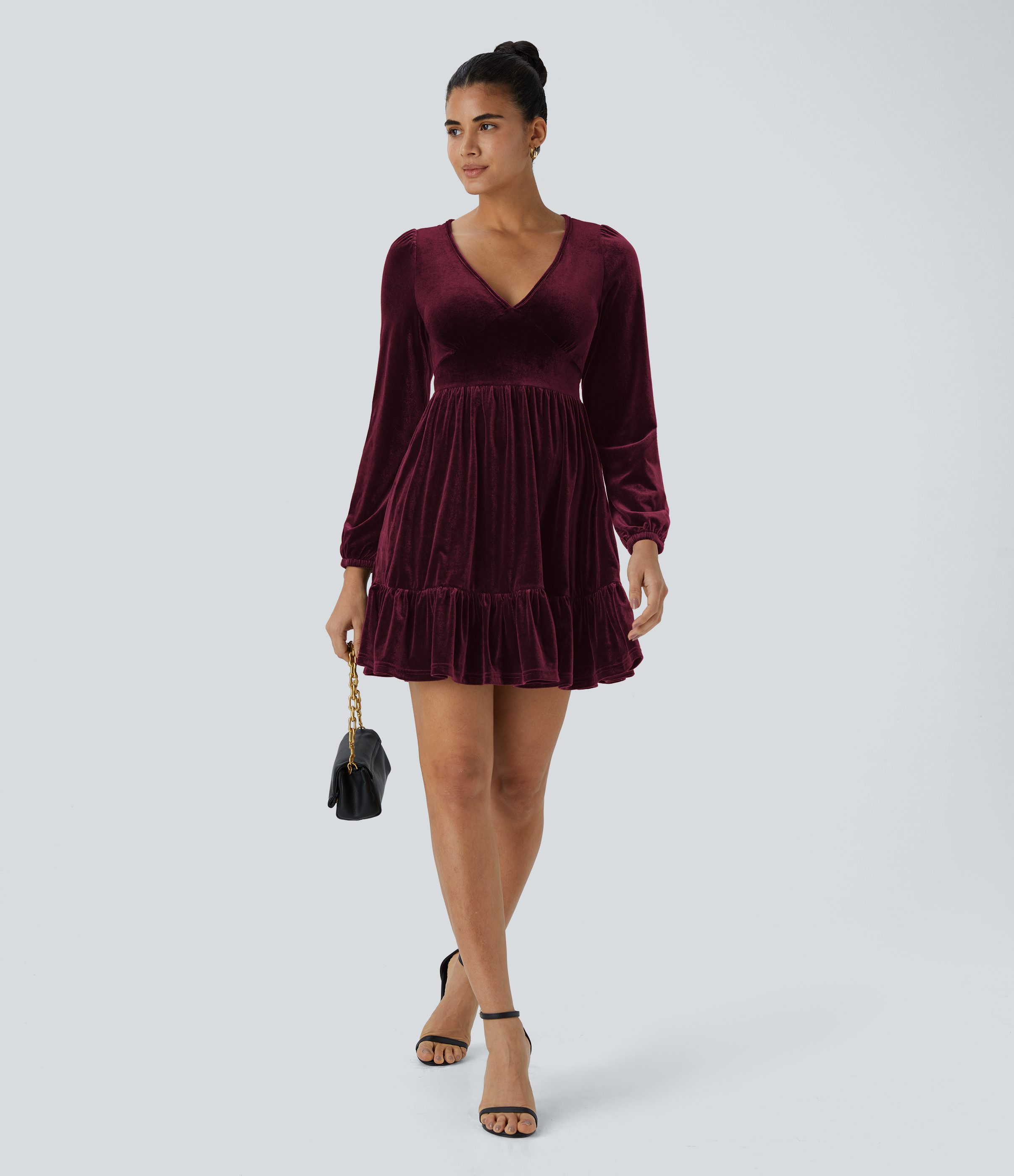 Halara Everyday Deep V Neck Ruffled Hem Velvet Mini Chill Party Dress Casual Dress - Dusky purple - L slip dress beach dress ruched dress 