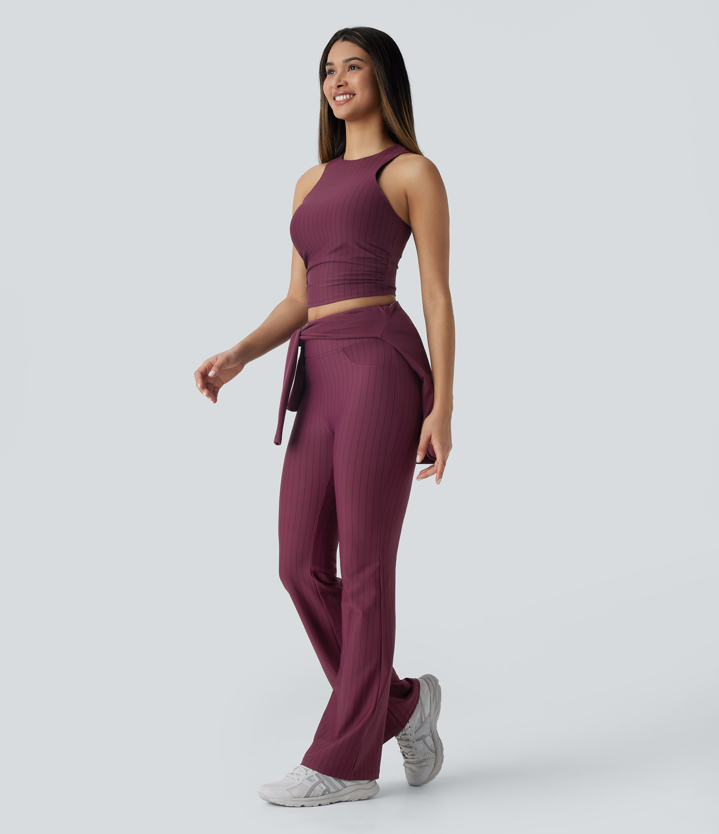 Halara High Waisted Back Pocket Stripe Cool Touch Bootcut Casual Pants  - Wine Red and Black Stripe - M(regular) sweatpants jogger pants 