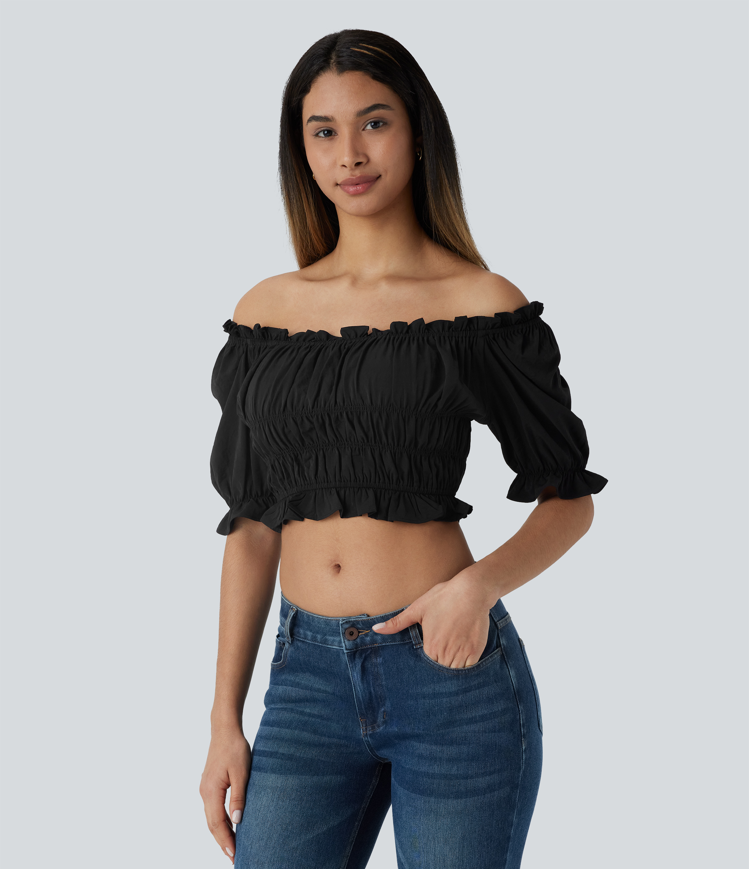 Halara U Neck Puff Sleeve Frill Shirred Cropped Casual Top Tank Top - Black - M golf tops halter top tunic tops sleeveless tops backless top 