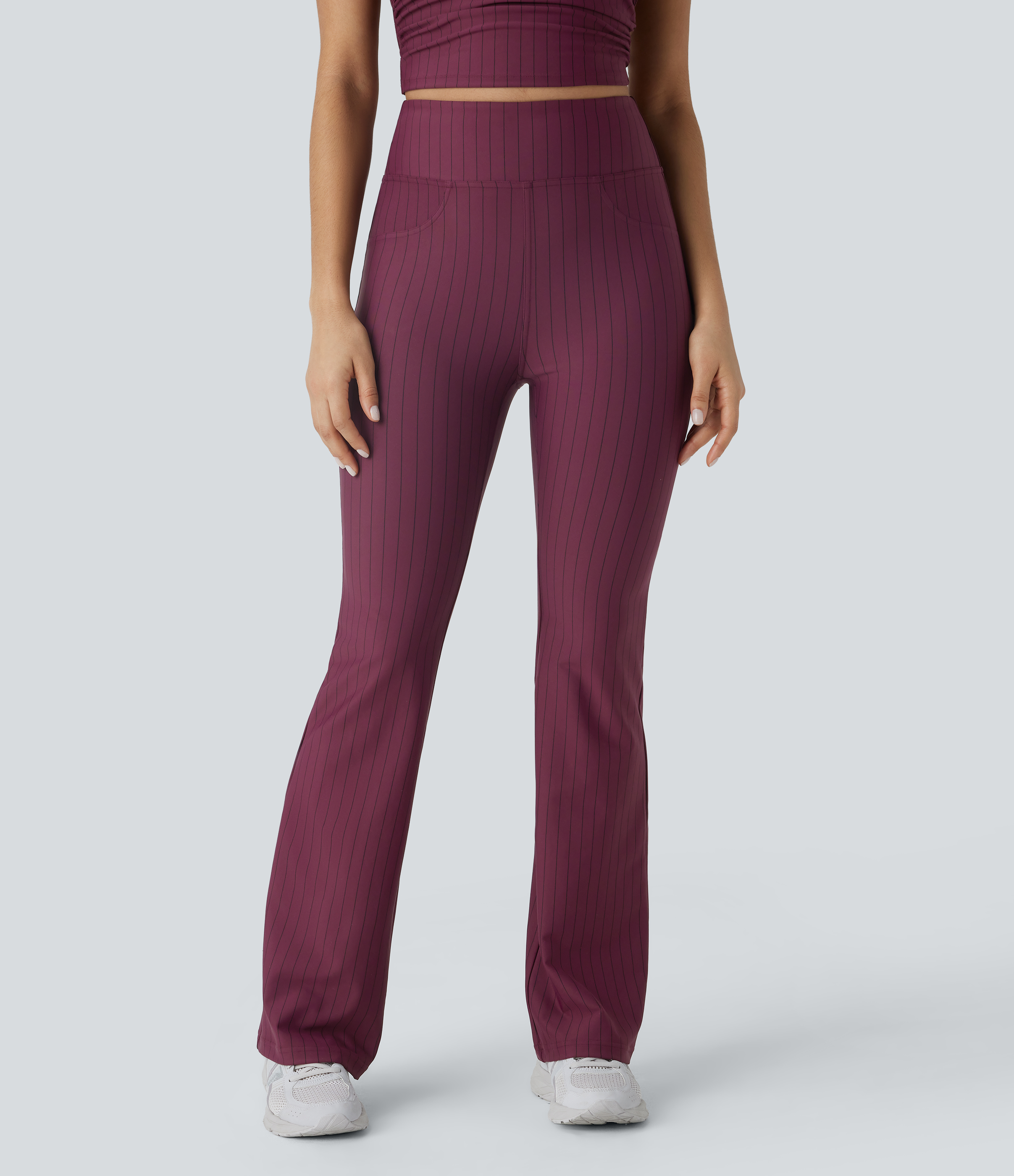 Halara High Waisted Back Pocket Stripe Cool Touch Bootcut Casual Pants  - Wine Red and Black Stripe - M(regular) sweatpants jogger pants 