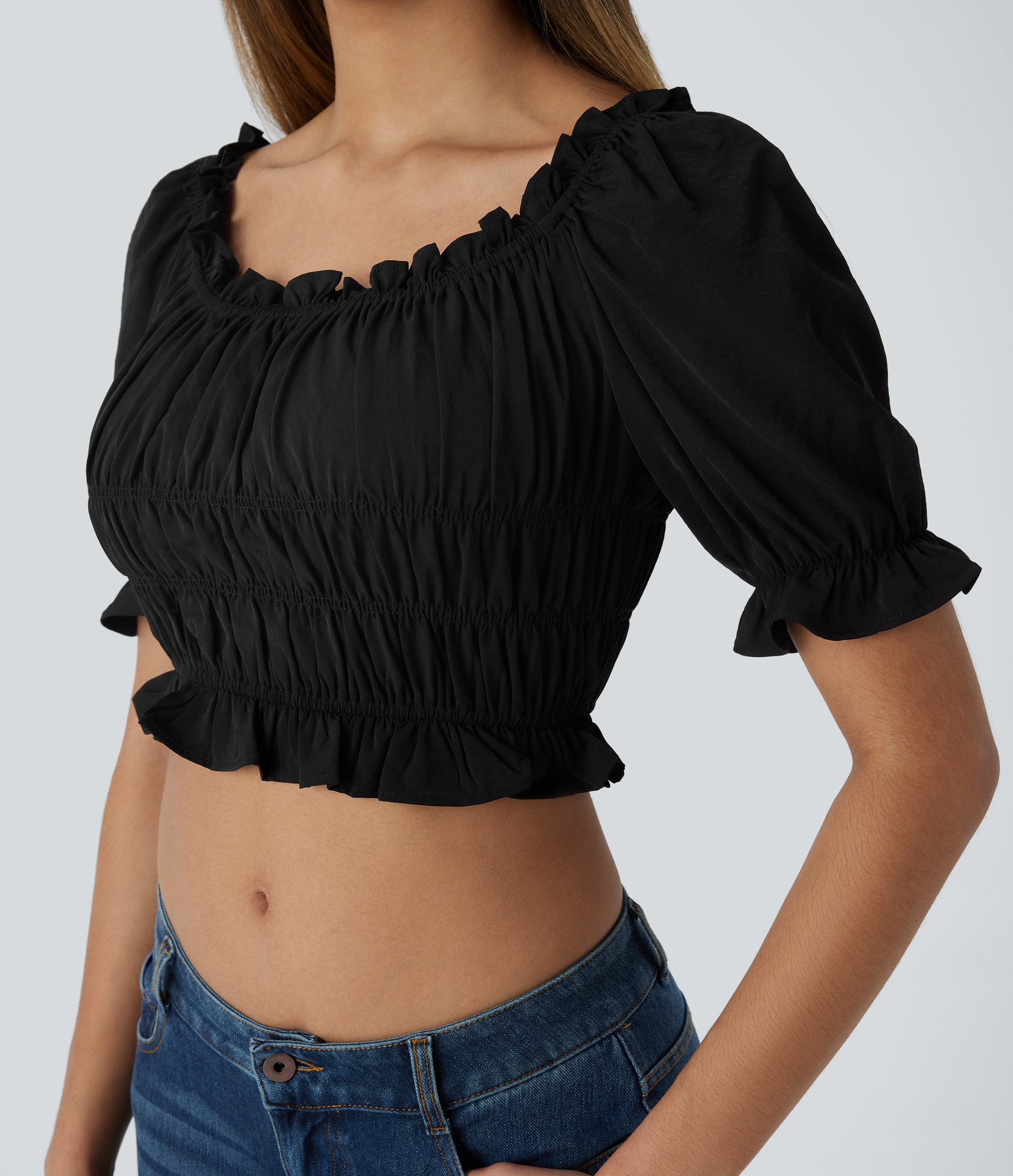 Halara U Neck Puff Sleeve Frill Shirred Cropped Casual Top Tank Top - Black - M golf tops halter top tunic tops sleeveless tops backless top 