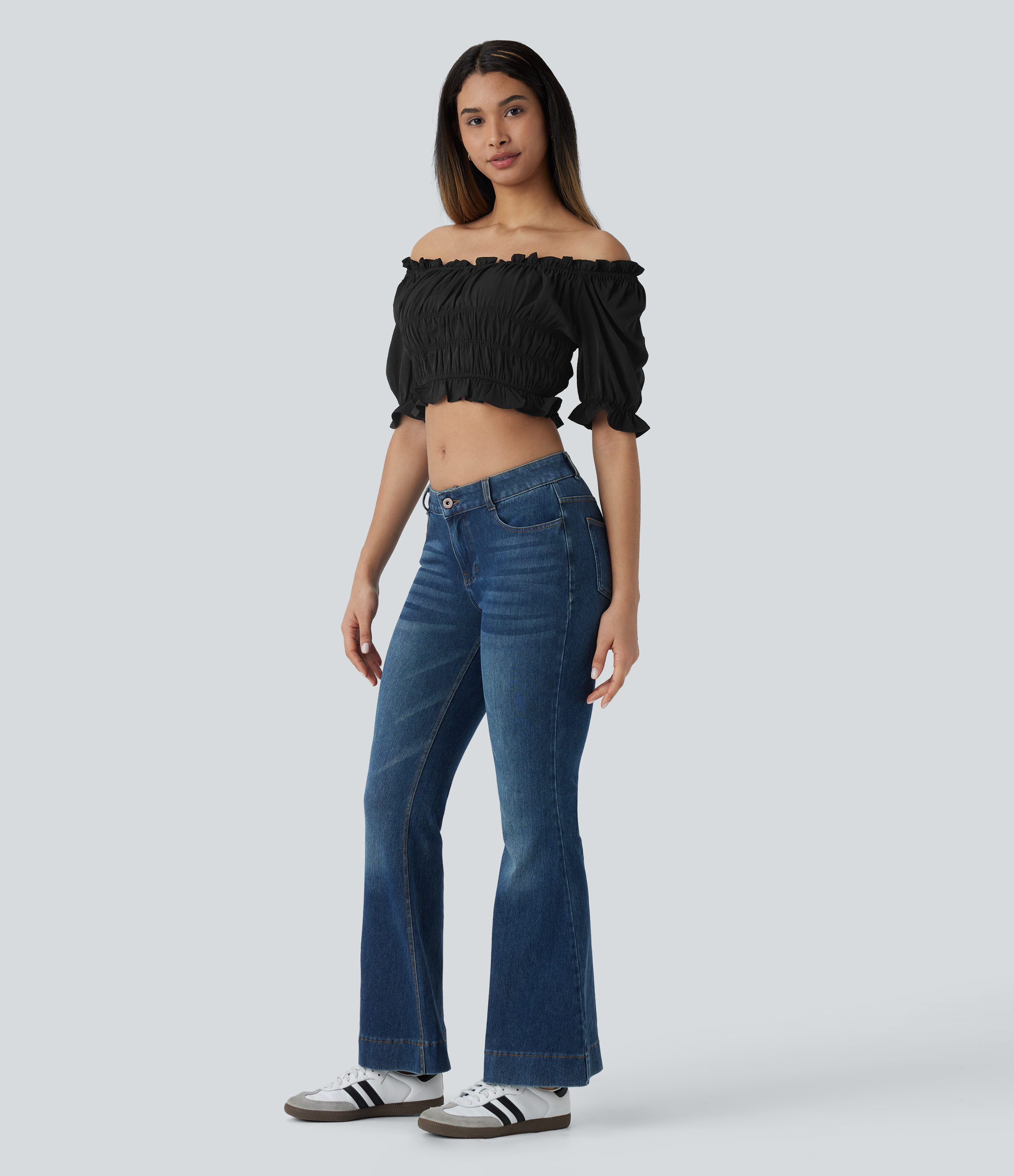 Halara U Neck Puff Sleeve Frill Shirred Cropped Casual Top Tank Top - Black - M golf tops halter top tunic tops sleeveless tops backless top 