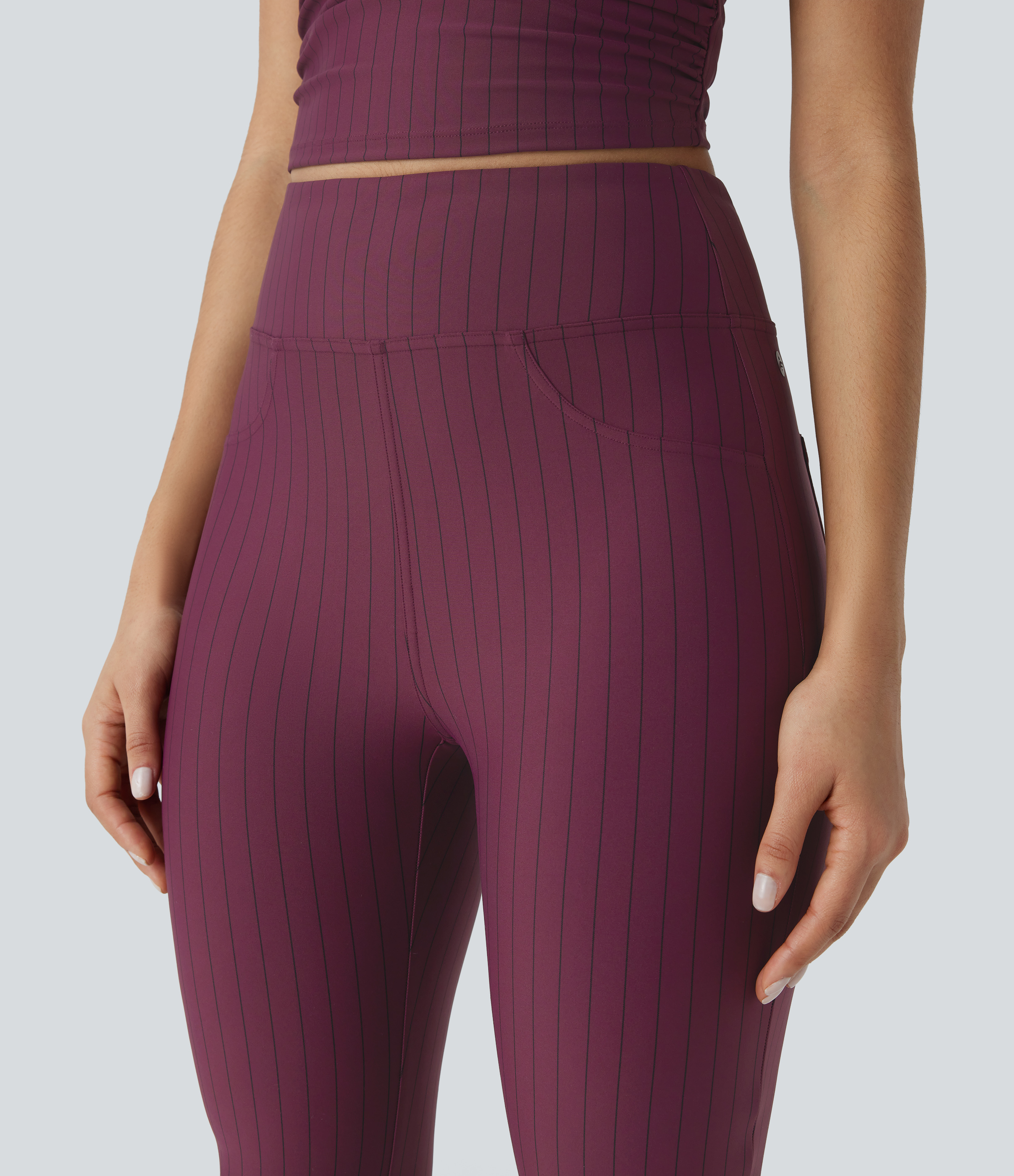 Halara High Waisted Back Pocket Stripe Cool Touch Bootcut Casual Pants  - Wine Red and Black Stripe - M(regular) sweatpants jogger pants 