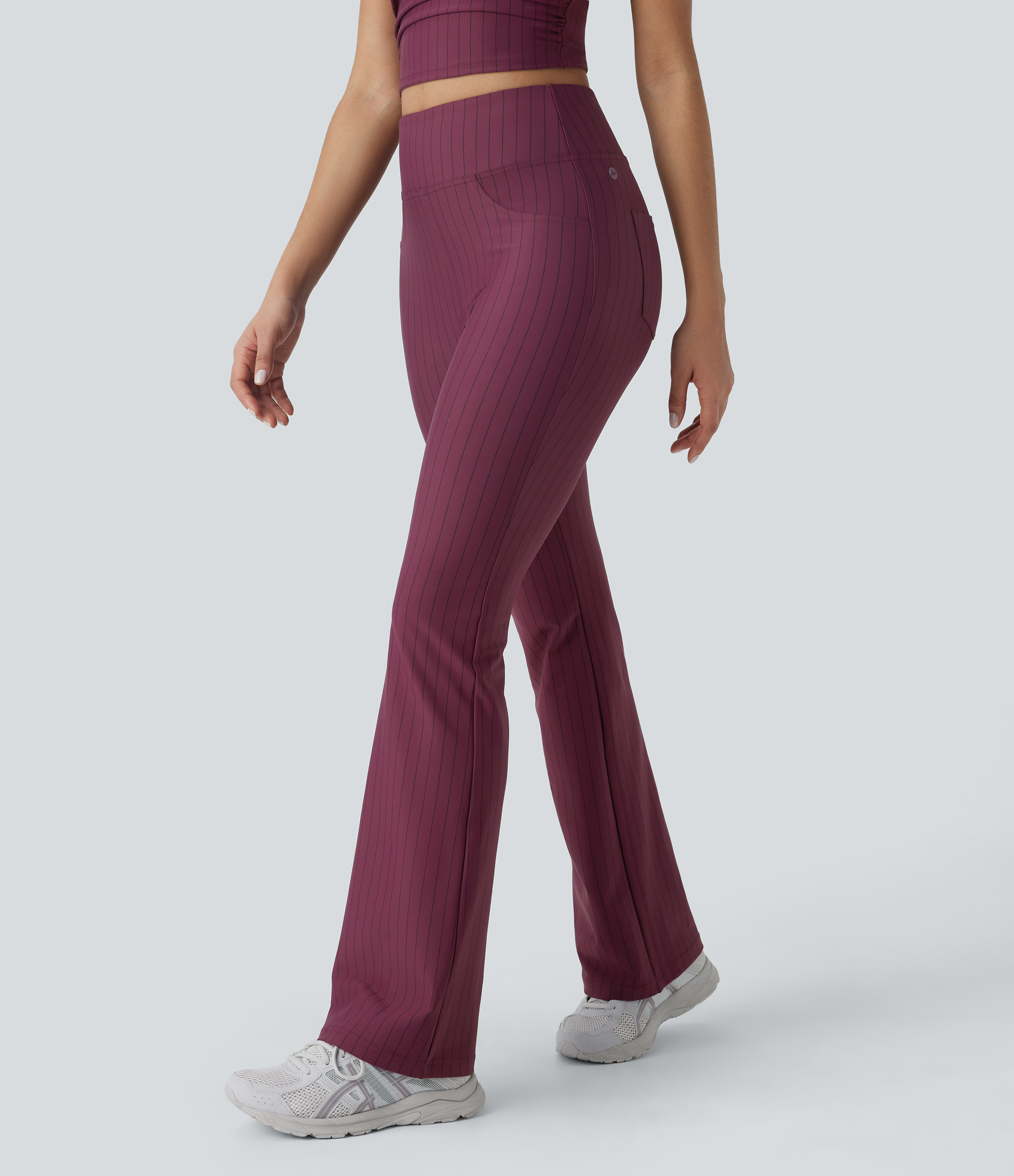 Halara High Waisted Back Pocket Stripe Cool Touch Bootcut Casual Pants  - Wine Red and Black Stripe - M(regular) sweatpants jogger pants 
