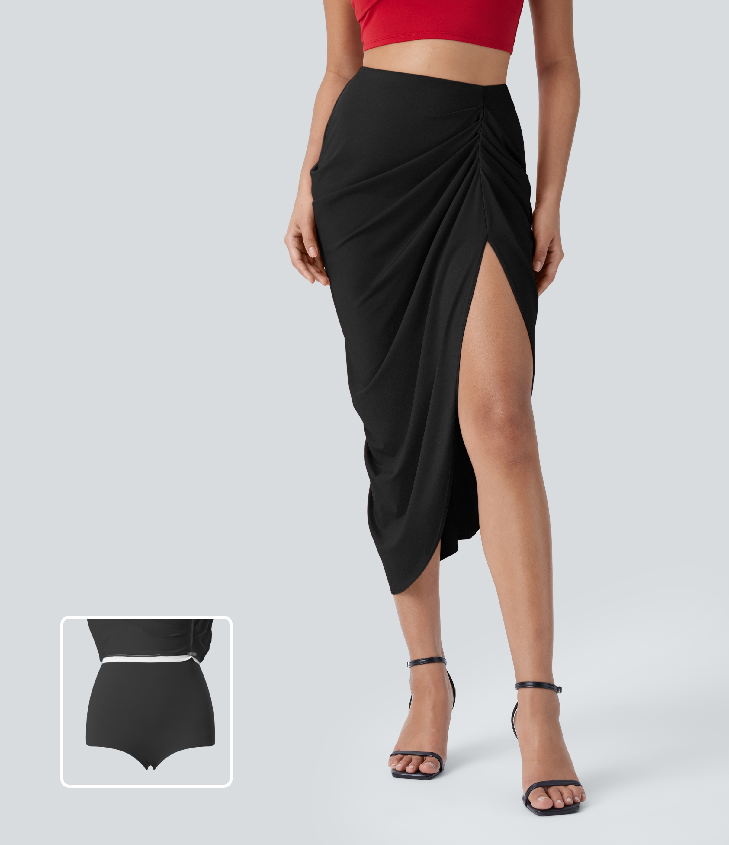 Halara High Waisted Ruched Split 2-in-1 Midi Party Skirt  - Black - L(regular) 