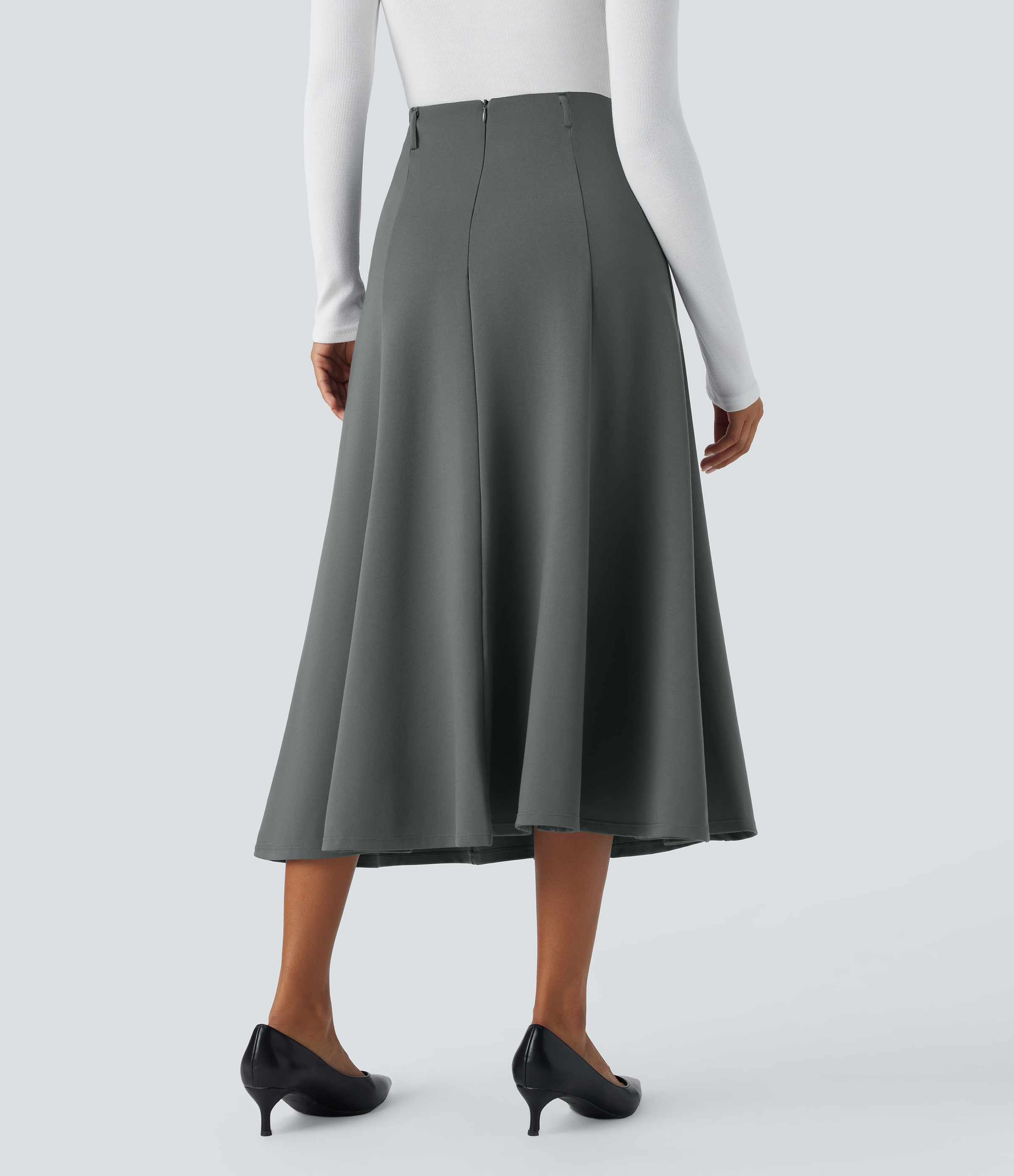 Halara High Waisted Back Invisible Zipper Flare Midi Work Skirt  - Sedona Sage - M(regular) 