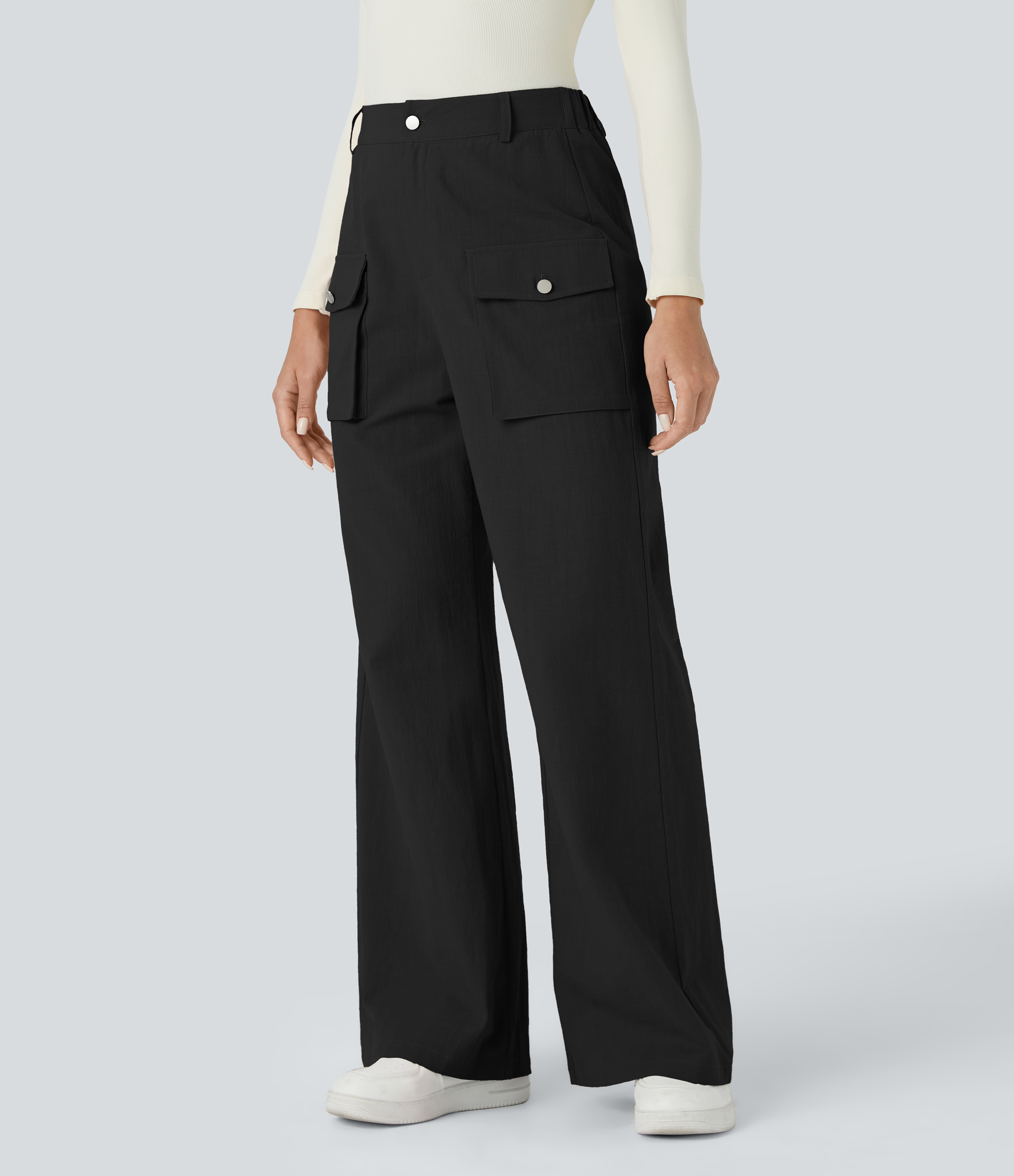 Halara High Waisted Button Zipper Side Flap Cargo Pocket Wide Leg Casual Cotton Pants  - Black - XS(regular) sweatpants jogger pants 