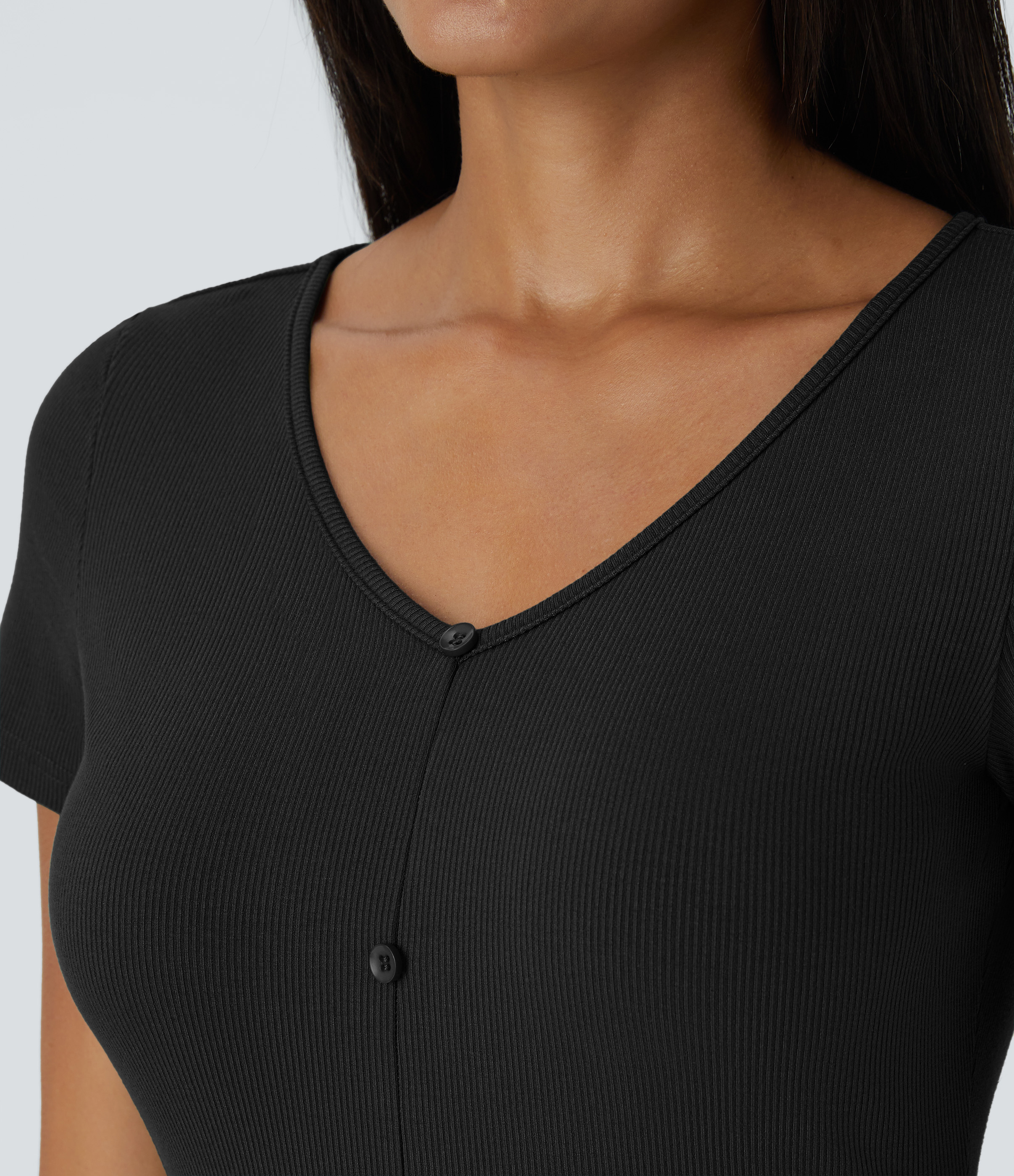 Halara Ribbed Knit V Neck Button Split Midi Chill Dress Casual Dress - Black - L slip dress beach dress ruched dress halter dress 