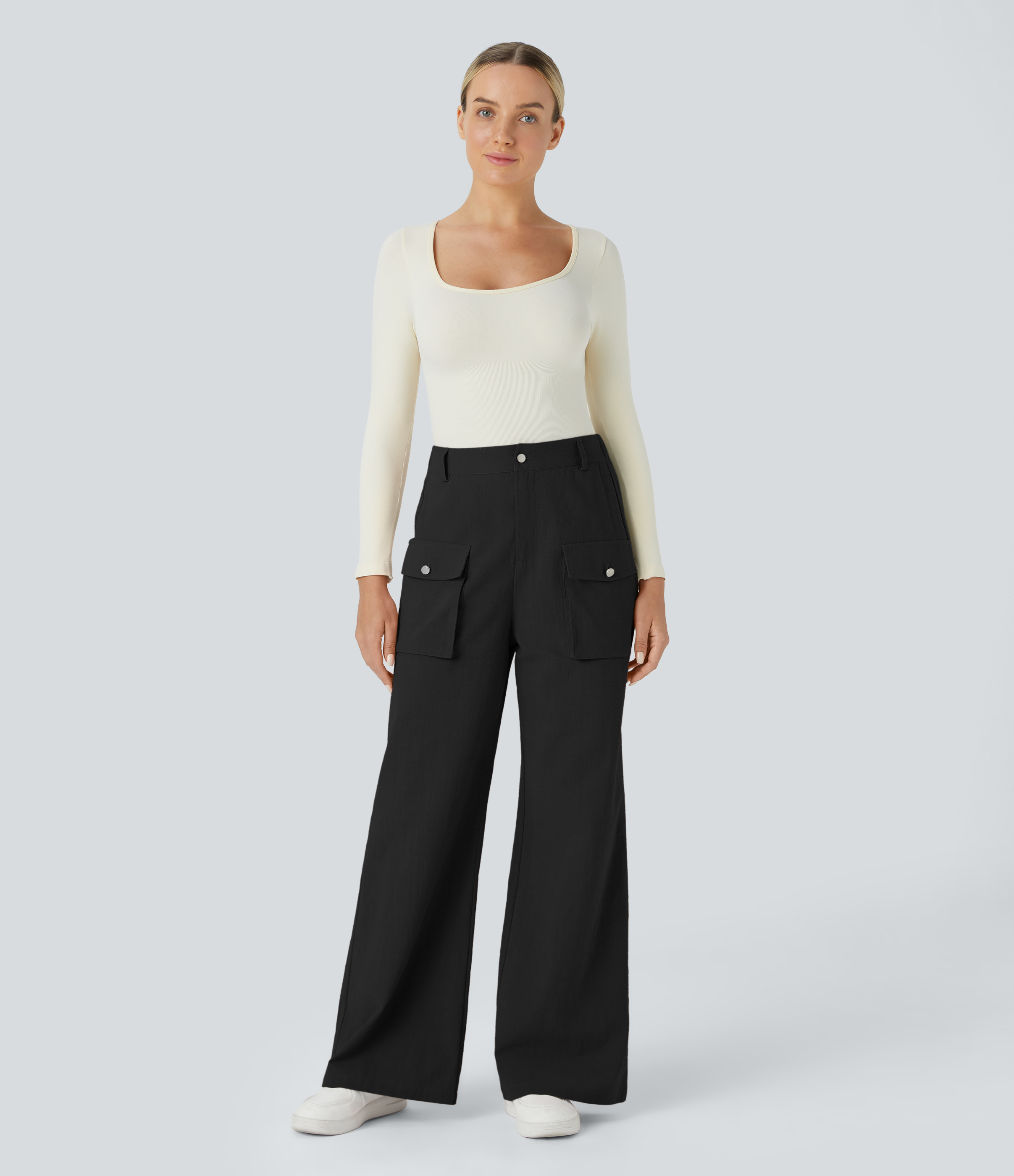 Halara High Waisted Button Zipper Side Flap Cargo Pocket Wide Leg Casual Cotton Pants  - Black - XS(regular) sweatpants jogger pants 
