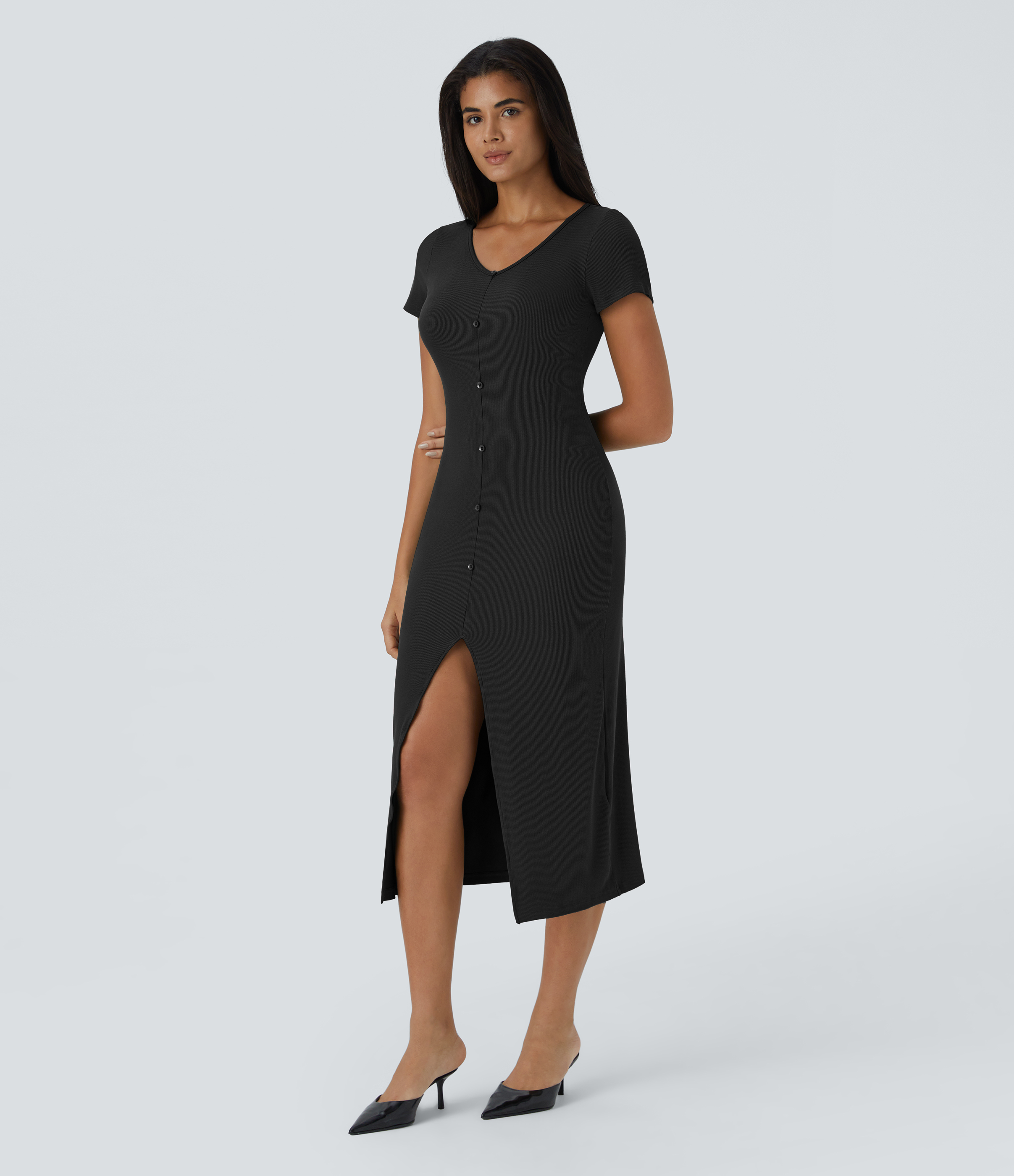 Halara Ribbed Knit V Neck Button Split Midi Chill Dress Casual Dress - Black - L slip dress beach dress ruched dress halter dress 