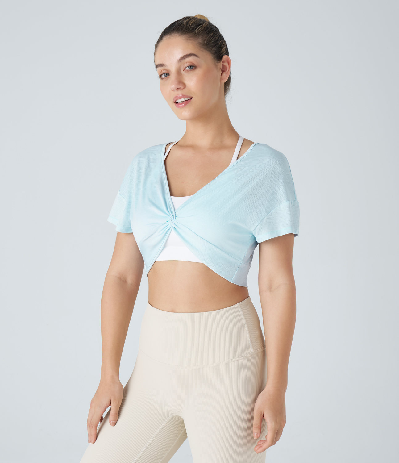 Halara Sheer V Neck Twisted Cropped Jacquard Yoga Sports Top  - Saltwater Slide - L 