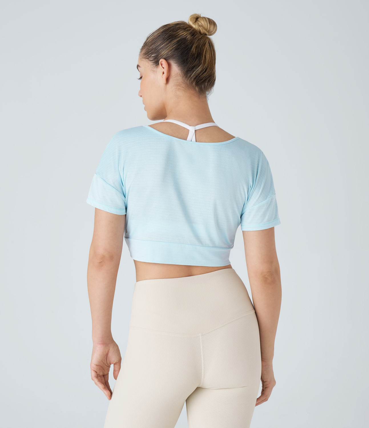 Halara Sheer V Neck Twisted Cropped Jacquard Yoga Sports Top  - Saltwater Slide - L 