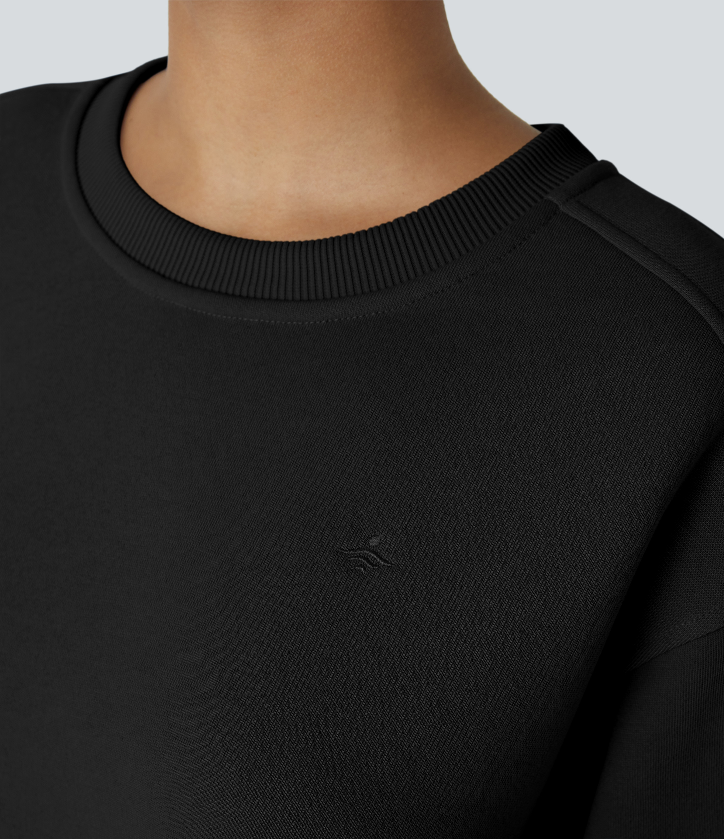 Halara Round Neck Dropped Shoulder Long Sleeve Split Hem Contrast Ribbed Embroidery Oversize Fleece Casual Sweatshirt  - Black - XL 