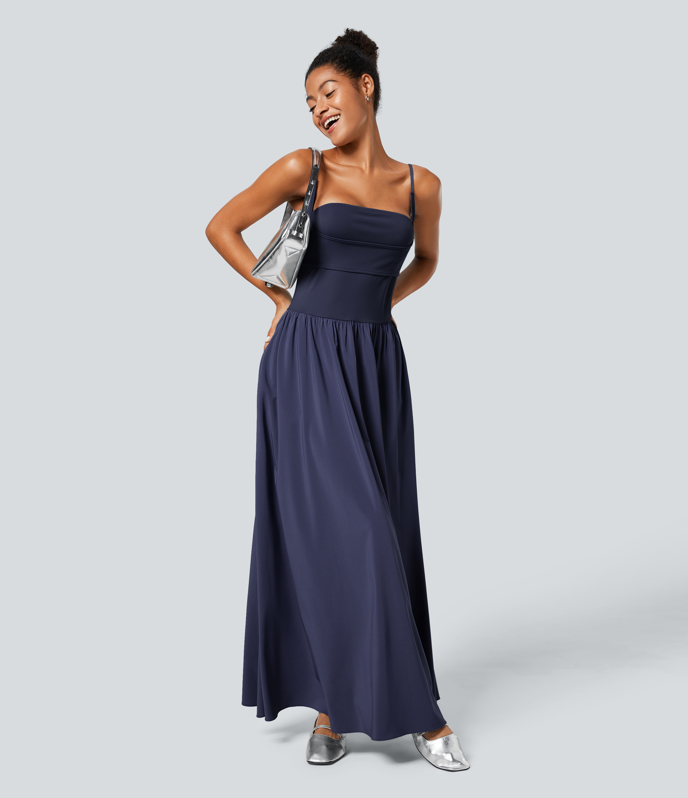 Halara Breezefulв„ў Backless Side Pocket Plicated Flowy Flare Maxi Quick Dry Casual Slip Dress Casual Dress - Patriot Blue - XS slip dress 