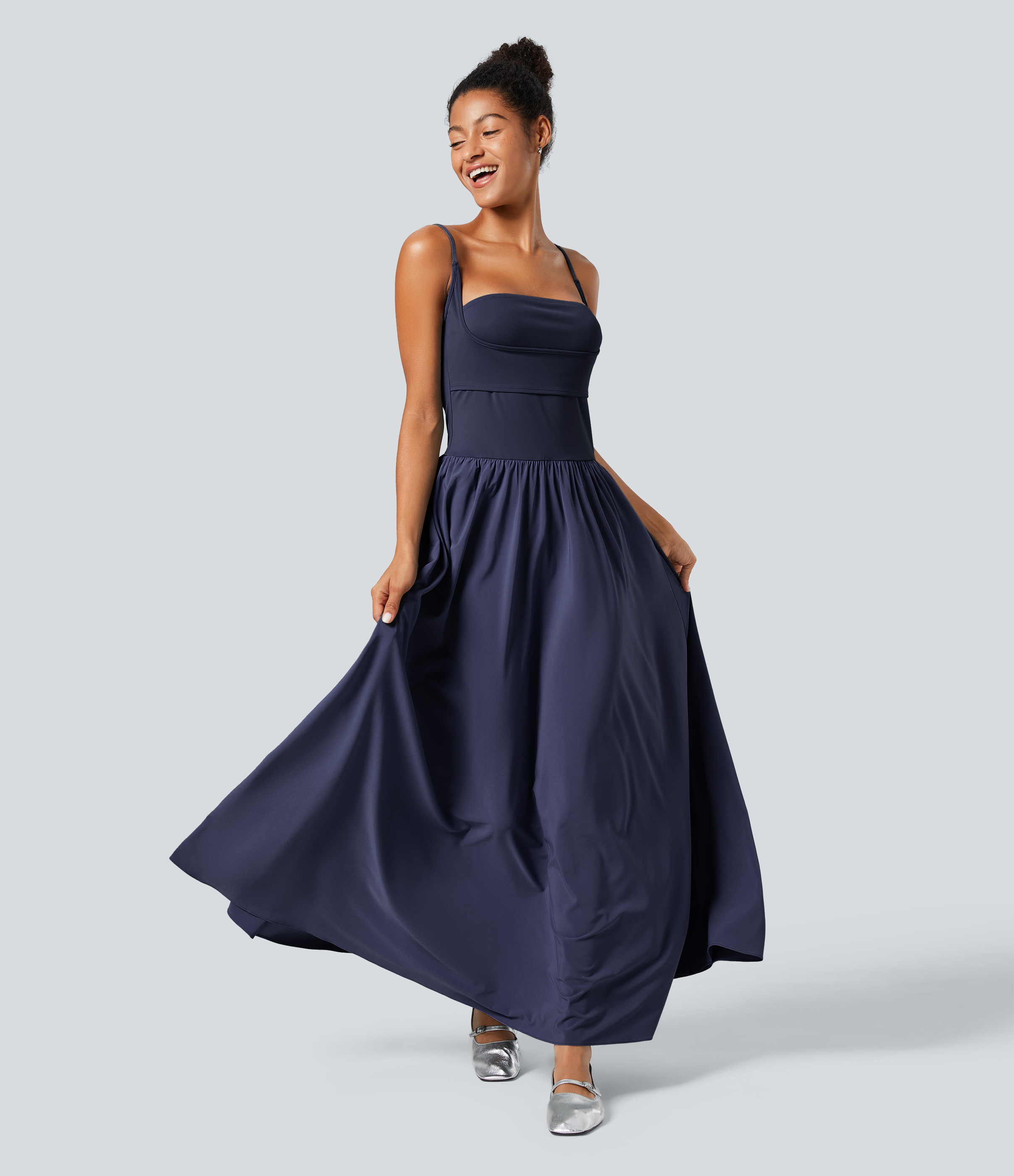 Halara Breezefulв„ў Backless Side Pocket Plicated Flowy Flare Maxi Quick Dry Casual Slip Dress Casual Dress - Patriot Blue - XS slip dress 