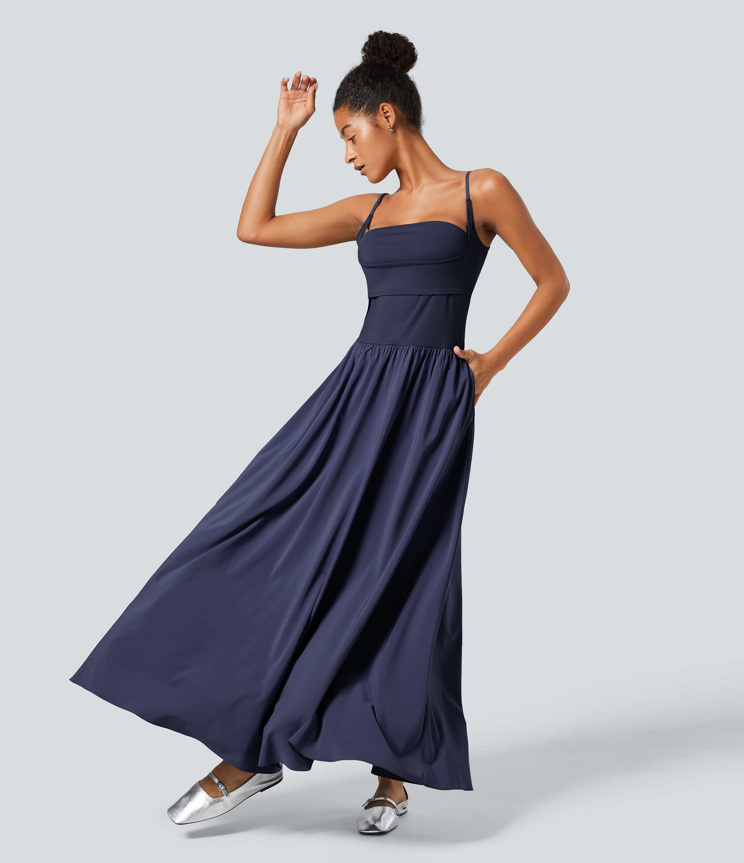 Halara Breezefulв„ў Backless Side Pocket Plicated Flowy Flare Maxi Quick Dry Casual Slip Dress Casual Dress - Patriot Blue - XS slip dress 