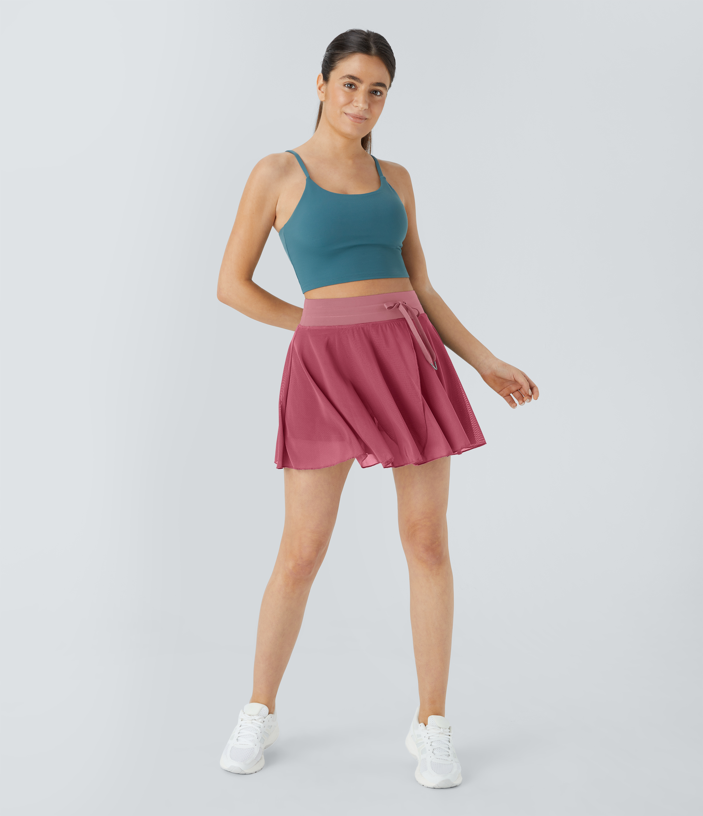 Halara High Waisted Drawstring Contrast Mesh 2-in-1 Side Pocket Flowy Mini Flare Casual Skirt  - Baroque Rose - XS midi skirt a line skirt 