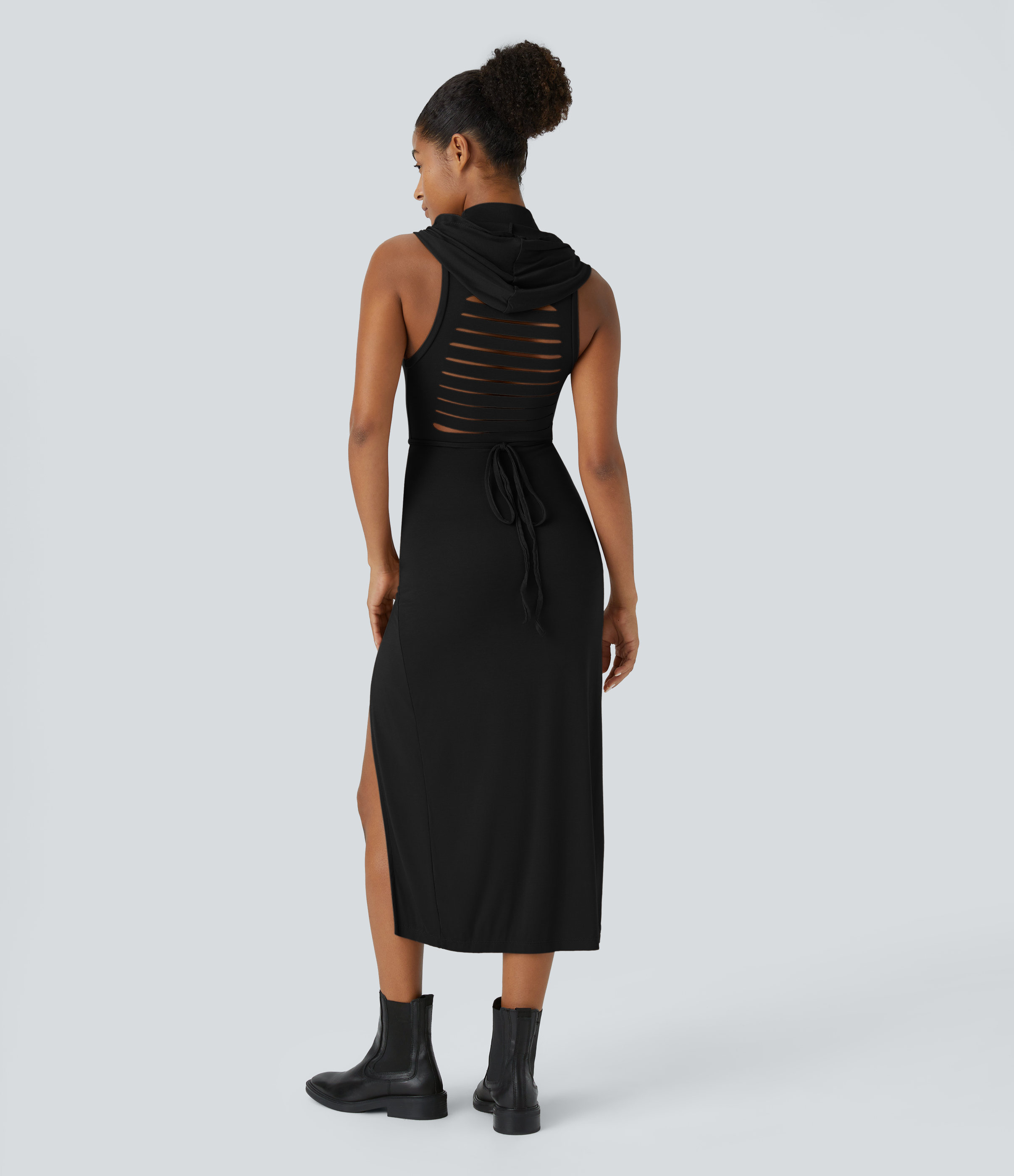 Negro Vestido media pierna 2 piezas abertura lazo espalda sin mangas cuello alto capucha canalé / 2