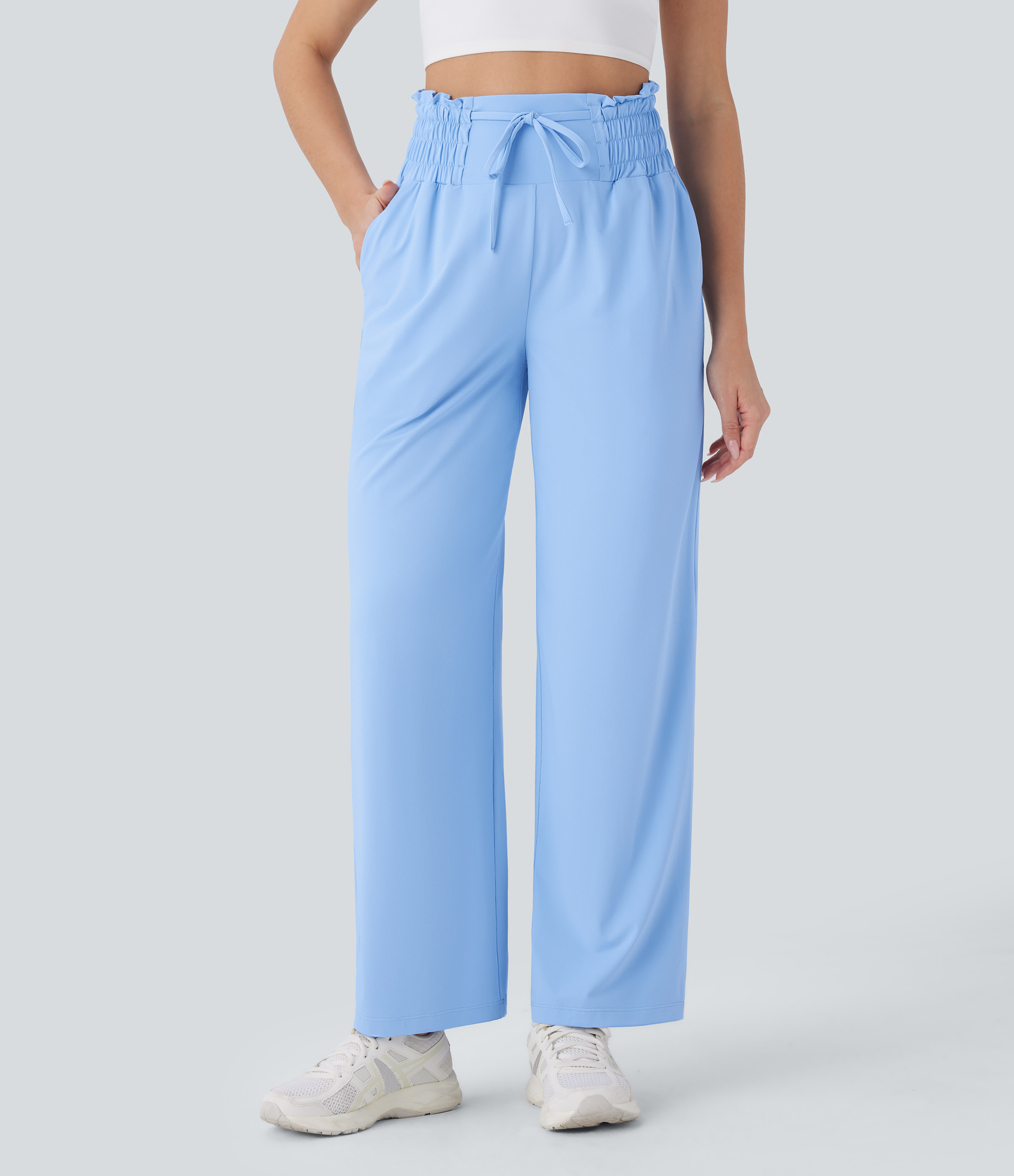 Halara High Waisted Drawstring Frill Side Pocket Straight Leg Yoga Pants  - Sky Blue - L(regular) 