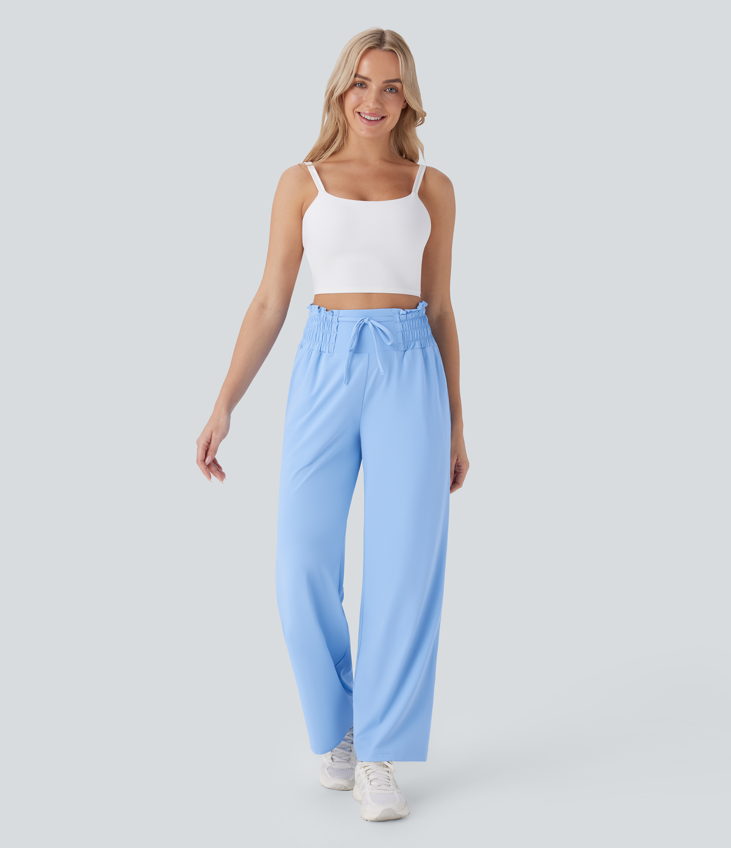 Halara High Waisted Drawstring Frill Side Pocket Straight Leg Yoga Pants  - Sky Blue - L(regular) 