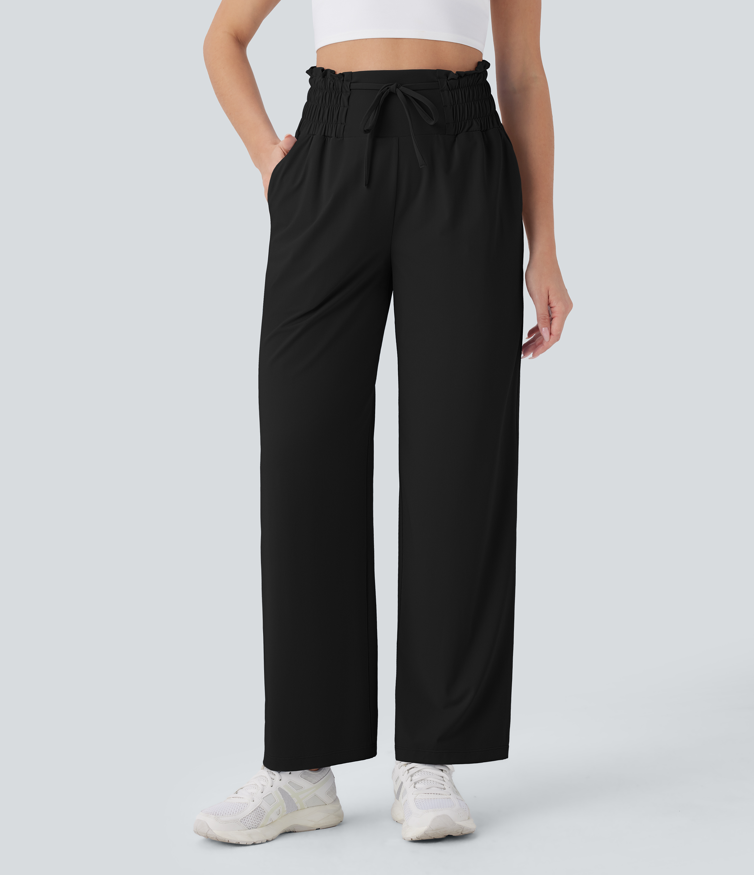 Halara High Waisted Drawstring Frill Side Pocket Straight Leg Yoga Pants  - Black - M(regular) 