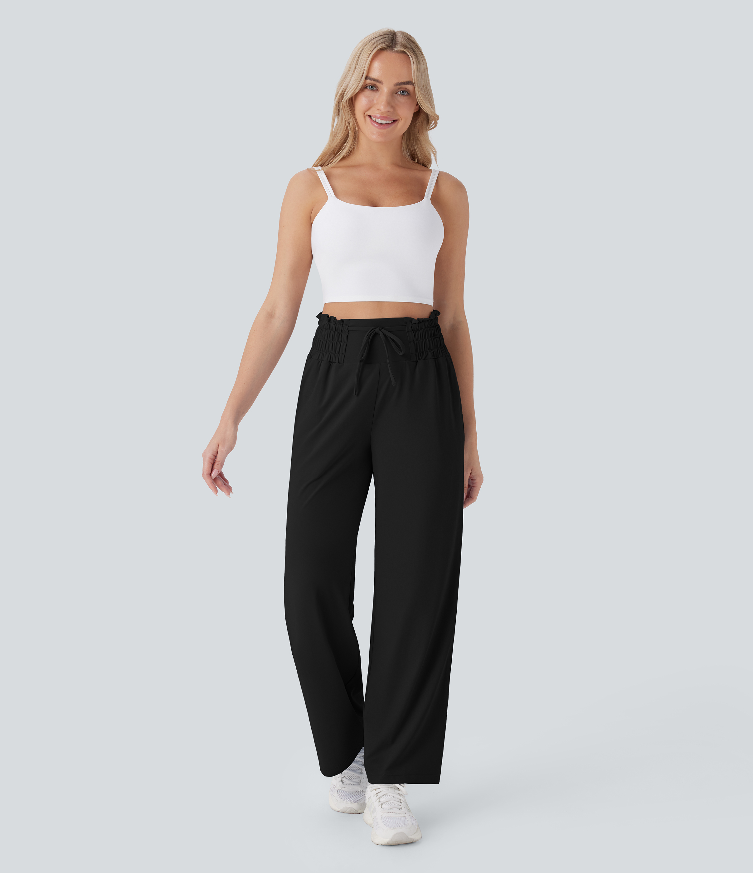 Halara High Waisted Drawstring Frill Side Pocket Straight Leg Yoga Pants  - Black - M(regular) 