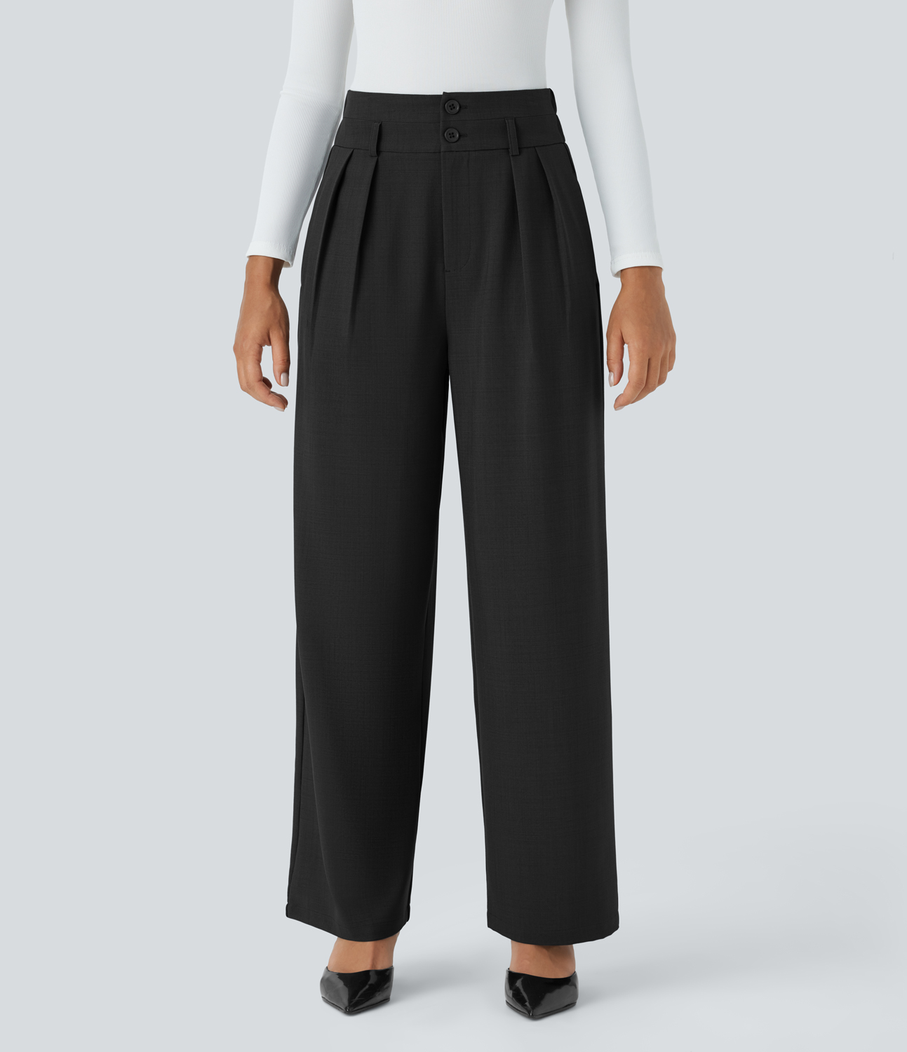 Halara High Waisted Button Zipper Side Pocket Wide Leg Work Pants Without Belt  - Black - M(regular) sweatpants jogger pants 