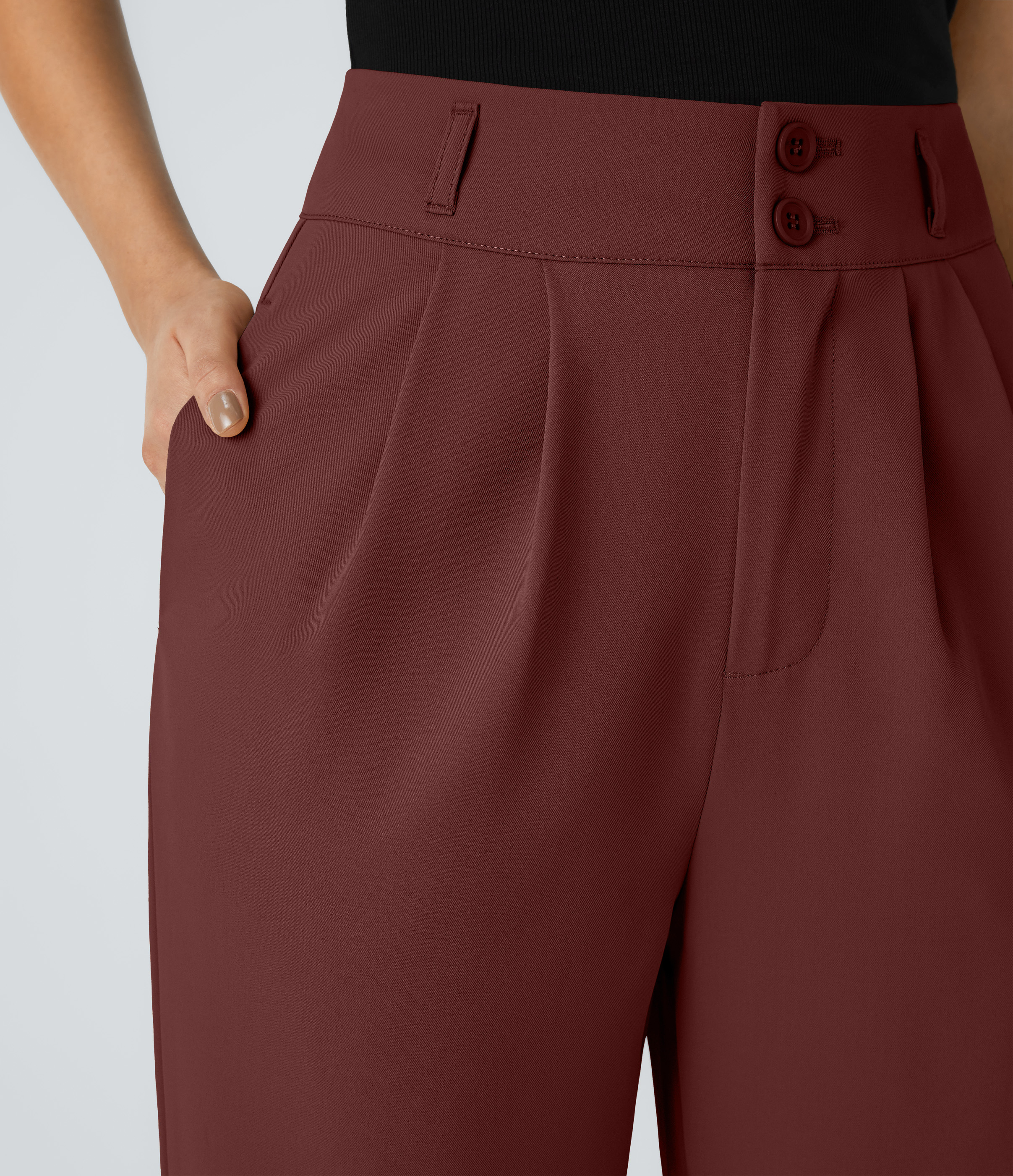 Halara High Waisted Button Zipper Side Pocket Shirred Straight Leg Work Pants  - Biking Red - L(petite) sweatpants jogger pants 