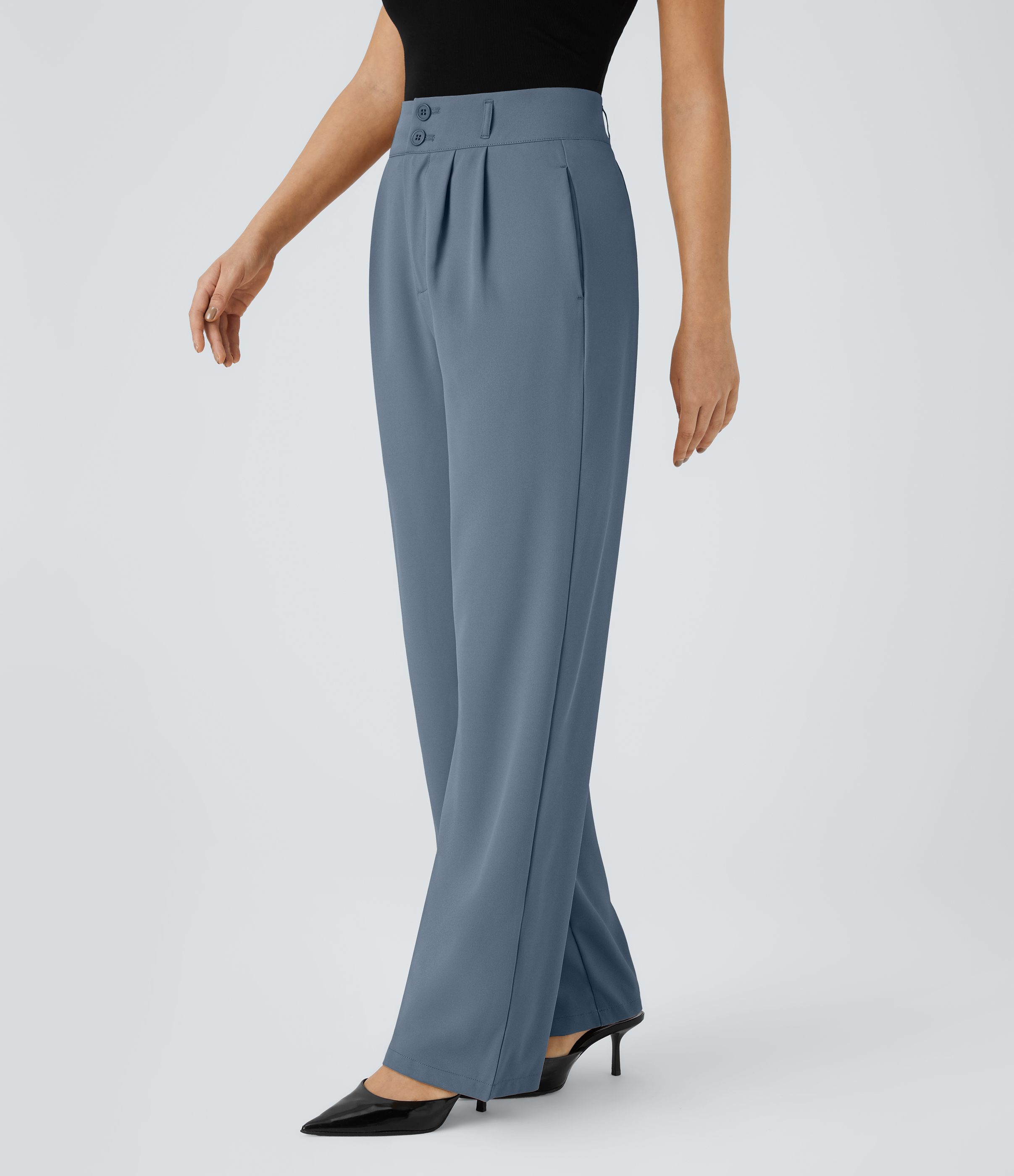 Halara High Waisted Button Zipper Side Pocket Shirred Straight Leg Work Pants  - Blue Fusion - S(tall) sweatpants jogger pants 