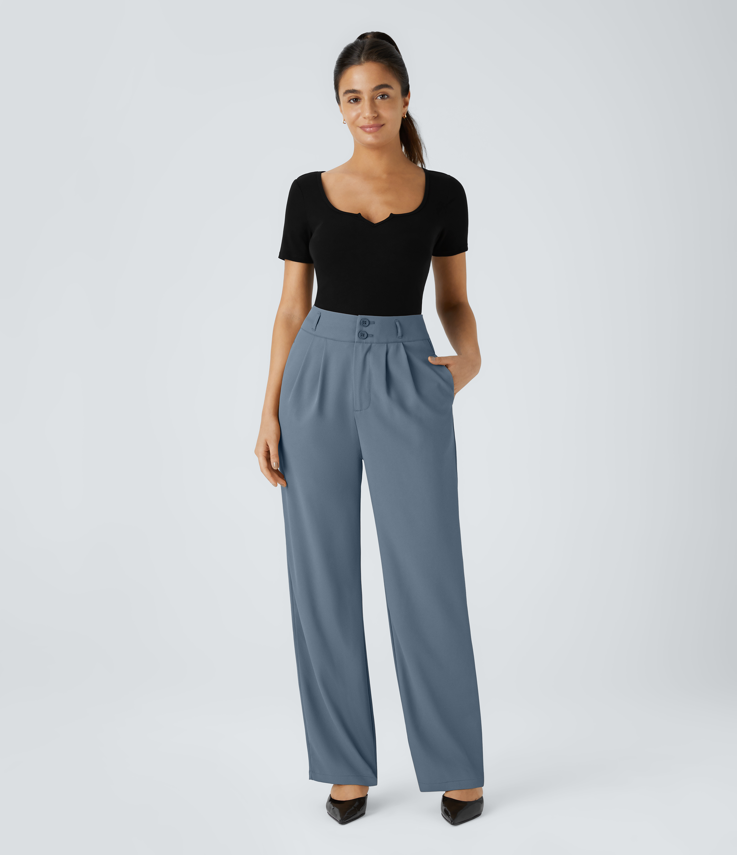 Halara High Waisted Button Zipper Side Pocket Shirred Straight Leg Work Pants  - Blue Fusion - S(tall) sweatpants jogger pants 