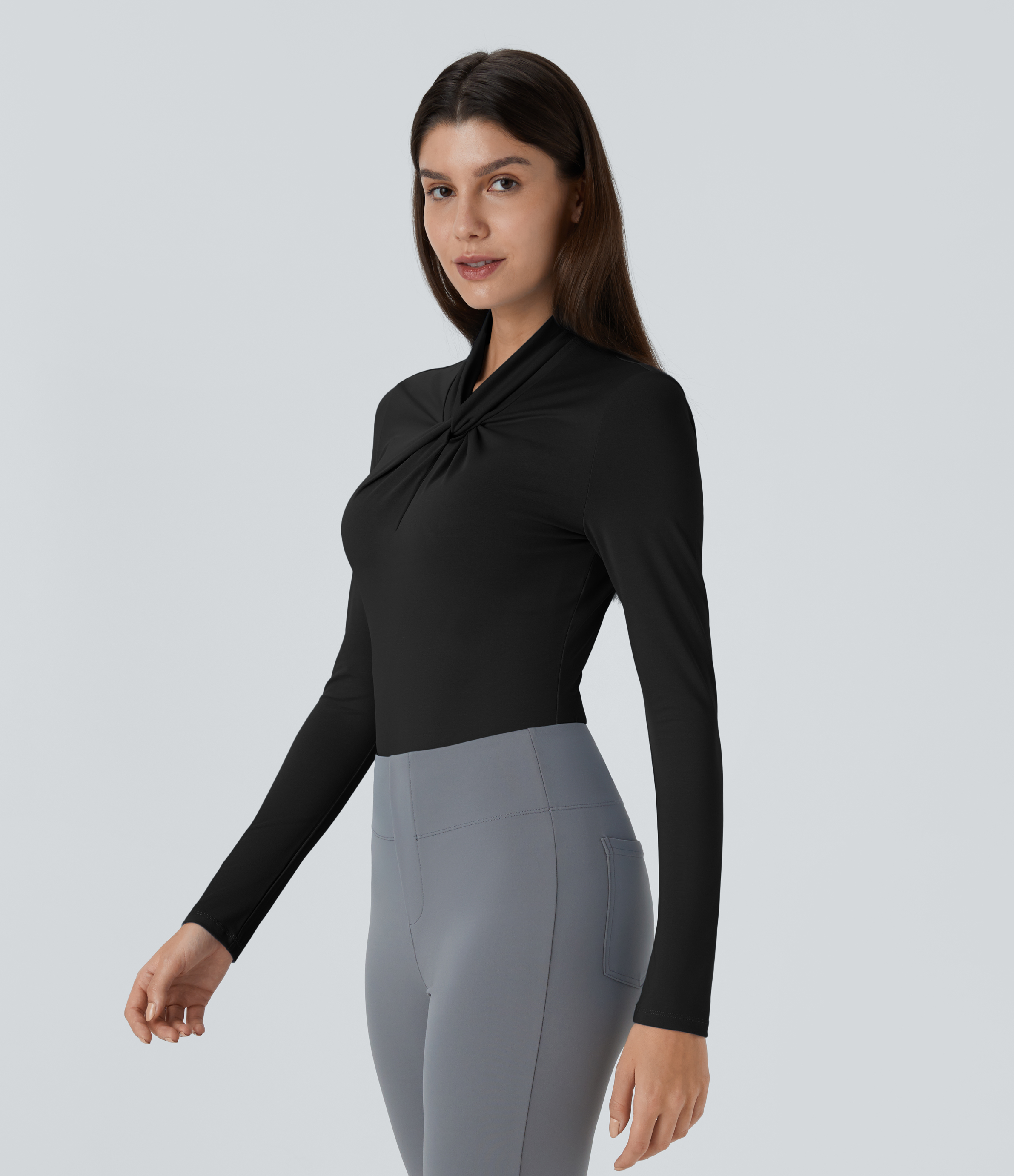 Halara Twisted Cut Out Neck Long Sleeve Curved Hem Work Top Tank Top - Black - XL golf tops halter top tunic tops sleeveless tops 